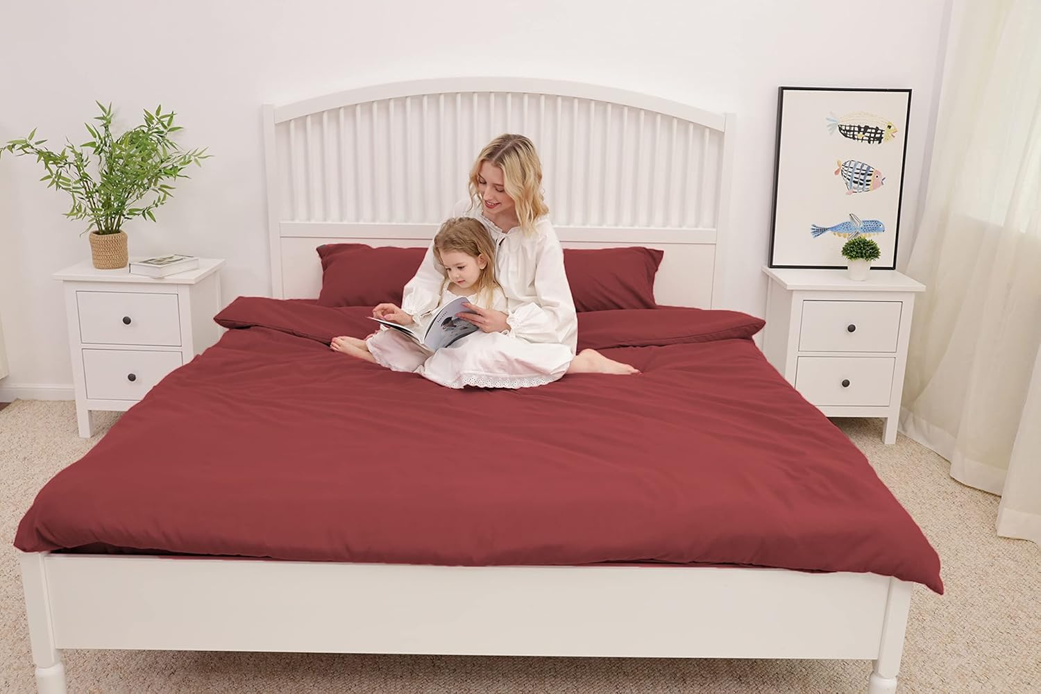 Poligino Set Copripiumino Matrimoniale 240x220 CM (2 Federa 50x80) Monocromatico in Microfibra Bordeaux, Morbido ed Ipoallergenico, Inclusa Federa 50x80 cm