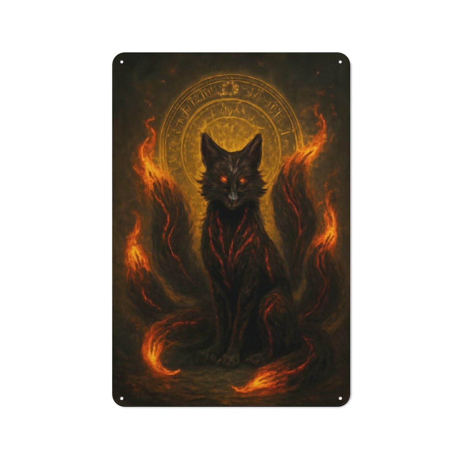 Junmoney Style-8 Rustic Tin Sign 30X20cm Featuring Nine-Tailed Fox With Fiery Aura For Garage Or Workshop, For Garage, Workshop And Man Cave Decoration