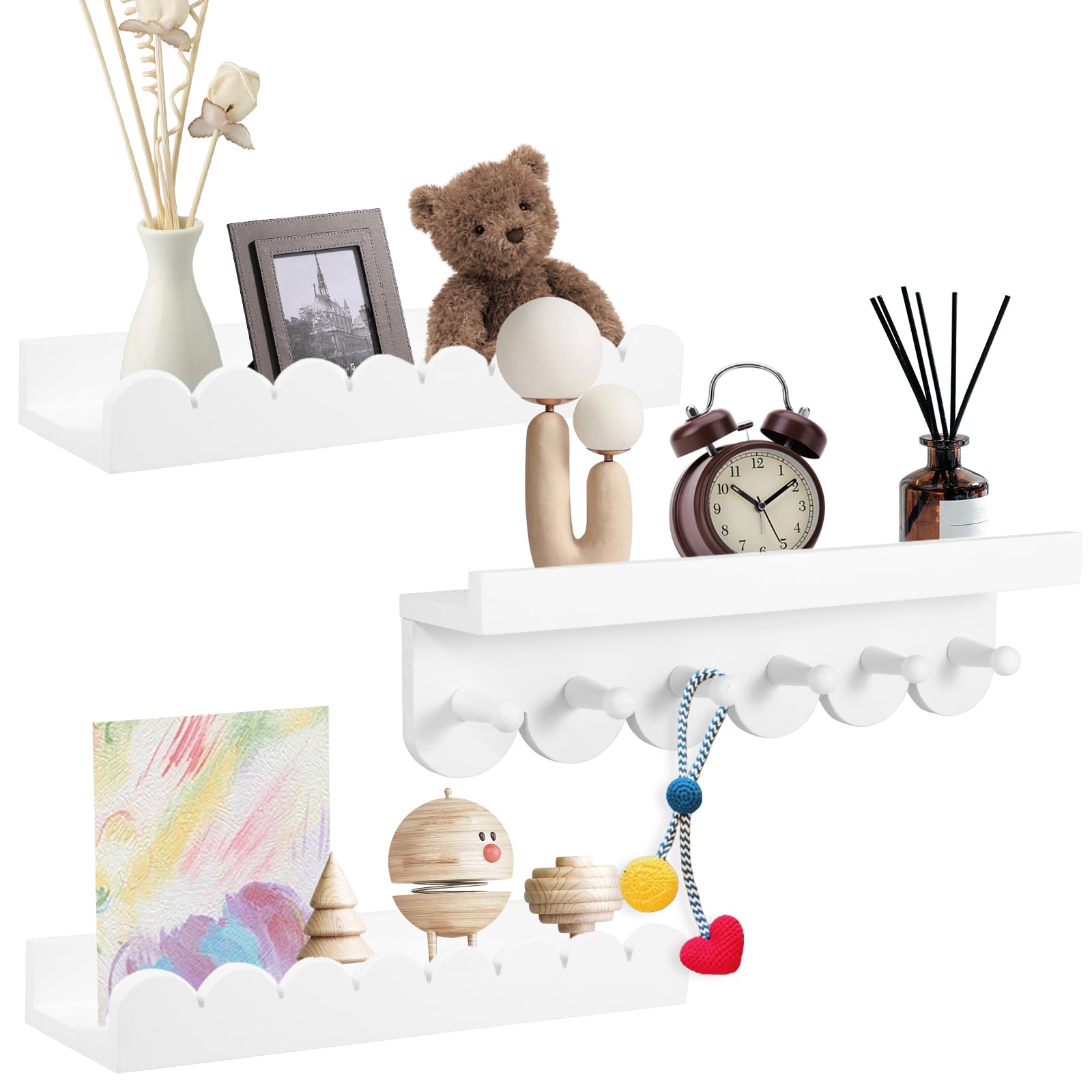 3 Pack Scalloped Wood Nursery Book Shelves with Hook Floating Wall Shelf Preassembled Baby Bookshelf Hanging Storage Shelves for Bedroom Kids, Toddler Room, Baby Room, Nursery Decor (3Pcs-White)