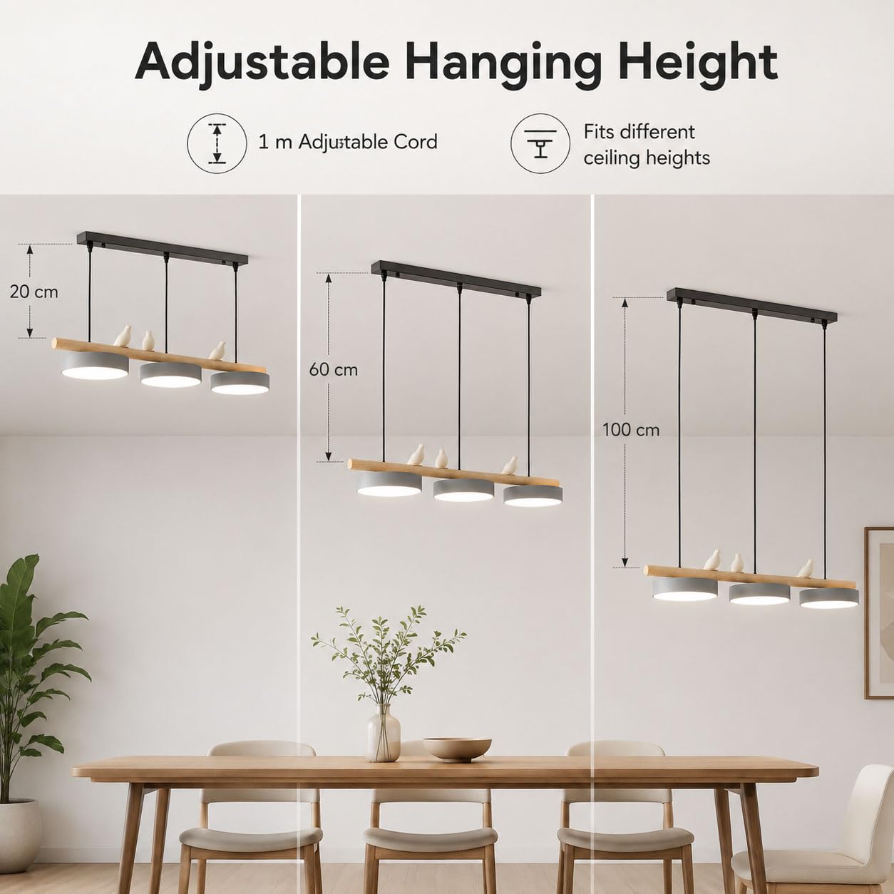 Lampadario Cucina Moderno LED 36W, Legno, Sala da Pranzo | LED 36W, 3000K/4000K/6500K, Cavo Regolabile 1 m, Ferro Legno Resina, Decoro Uccello, per Cucina e Sala da Pranzo