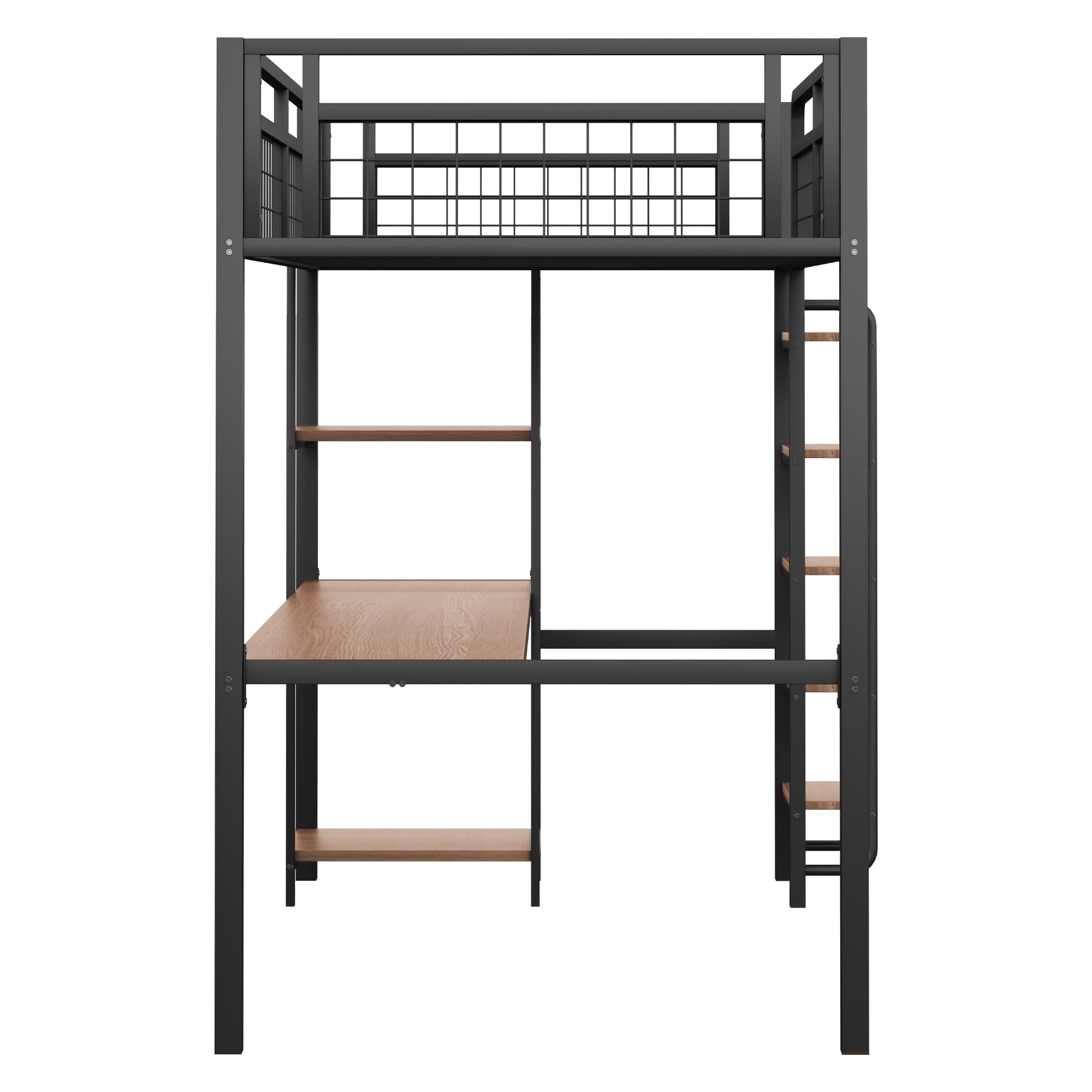 Kebnor Cama alta de metal, escalera de seguridad con peldaños, cama individual, cuna con mesa y estantes, valla de seguridad de malla metálica (sin colchón) (negro, 90 x 200 cm)