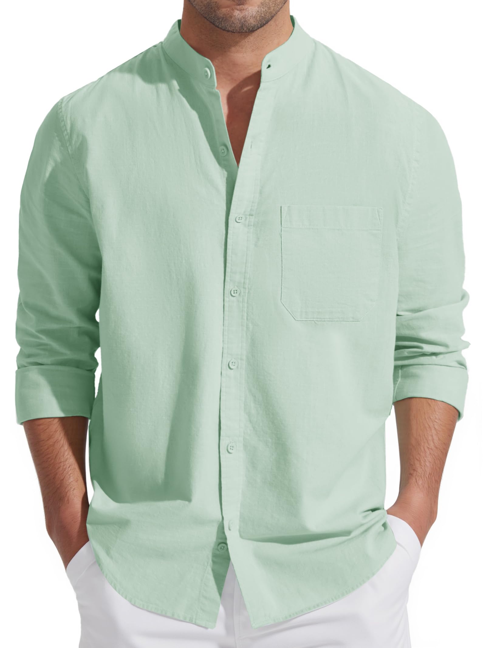 Friptspyg Herren Leinen Hemden Langarm Baumwolle Leinenhemd Stehkragen Sommer Hemd Regular Fit Freizeithemden Strand Hemden mit Tasche