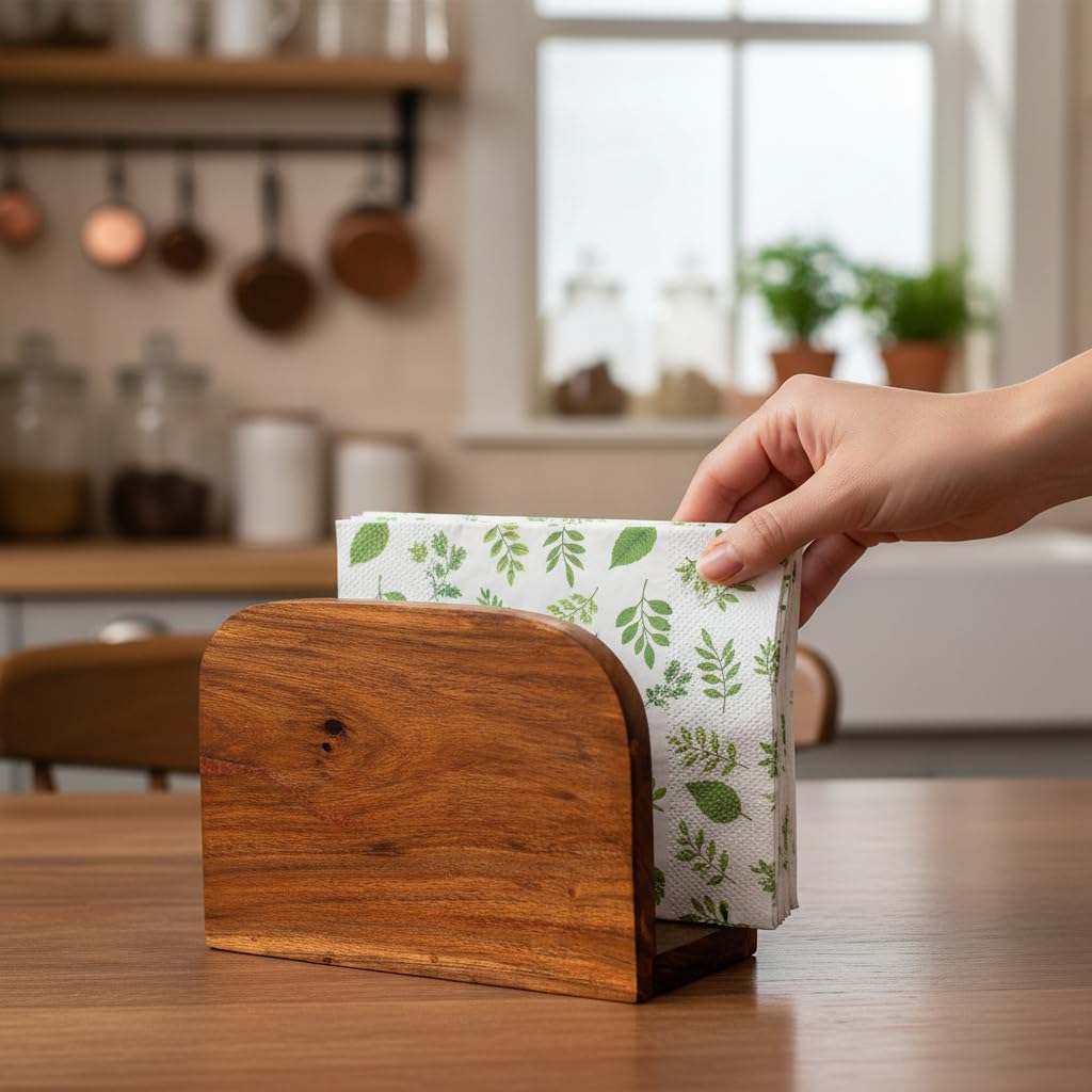 Wooden Napkin Holder for Table, Acacia Wood Napkin Dispenser for Kitchen Dining Farmhouse Cocktail Hotel Bar Rustic Wood Holder for Paper Mail Bills, Suitable for Dining Room Home Decors Pack Of 1 pcs
