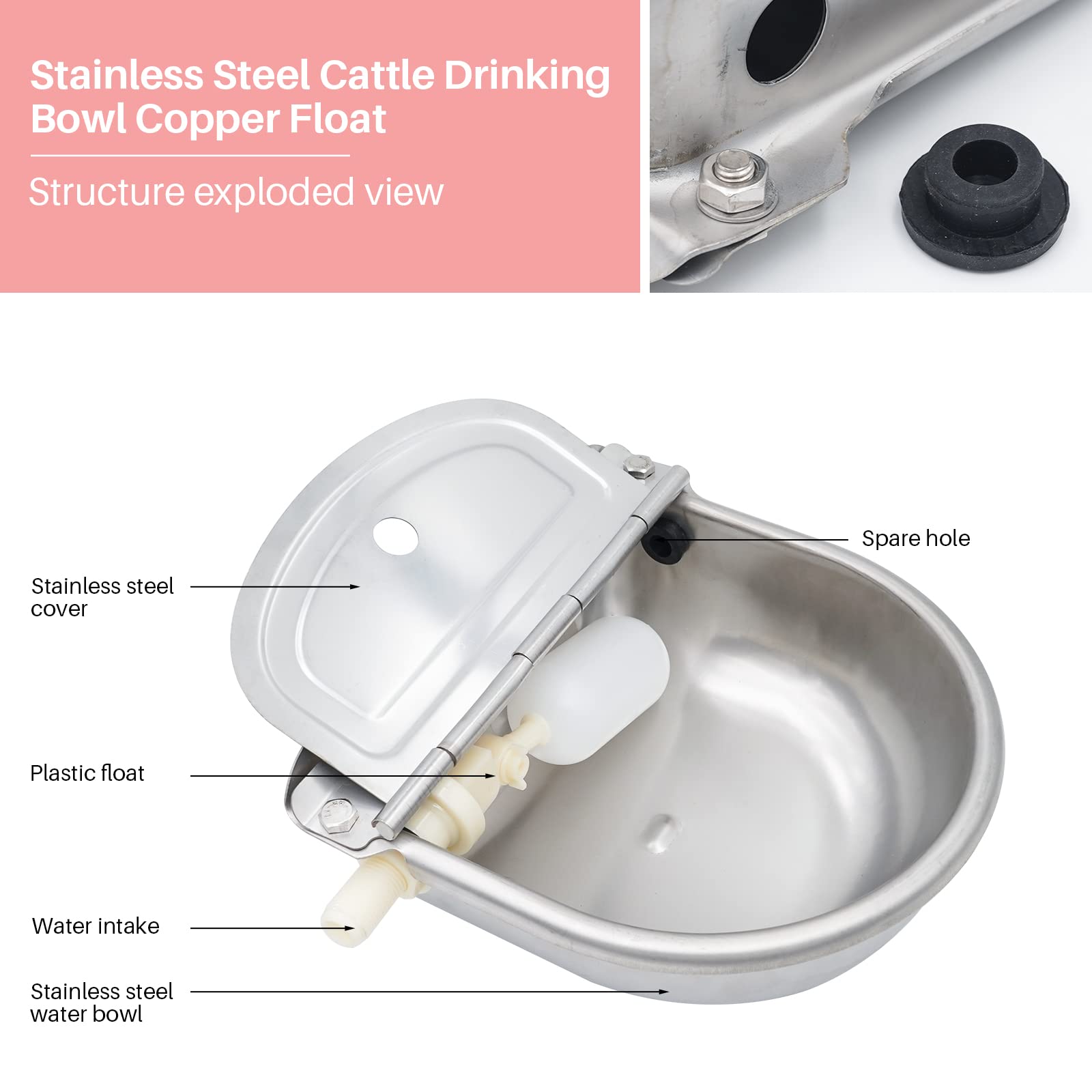 Abbeveratoio Automatico per Il bovini in Acciaio Inox, Abbeveratoio per Cavalli con Valvola Galleggiante in Plastica Sostituibile,Beverino per Cani per Cavalli,Mucche,Pecore,Maiali,Alpaca