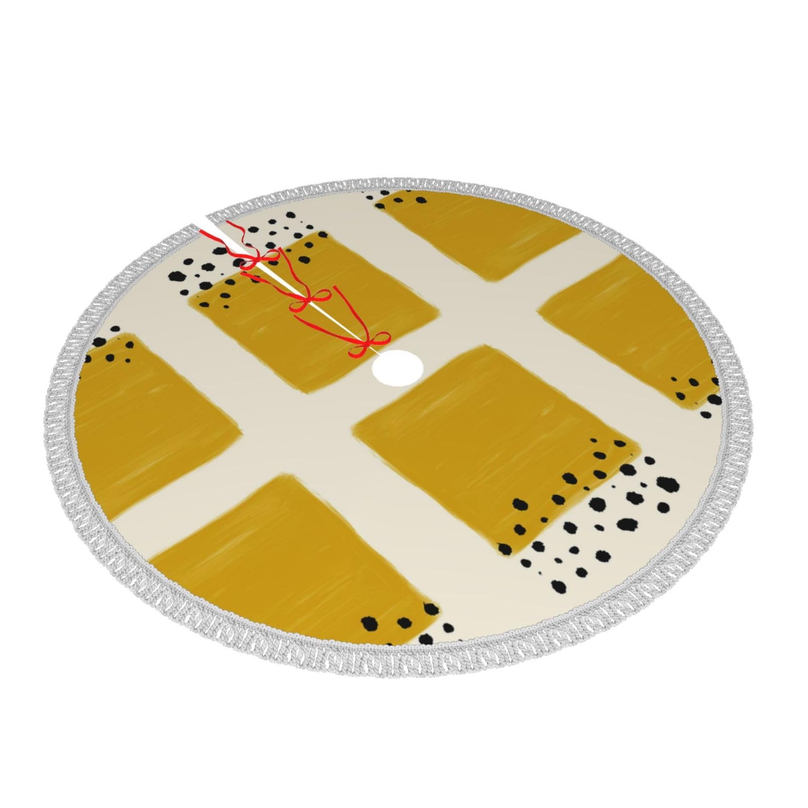 Senfgelbe und schwarze Weihnachtsbaumdecke, Weihnachtsbaummatte, bedruckte Polyester-Quaste, Weihnachtsdekoration