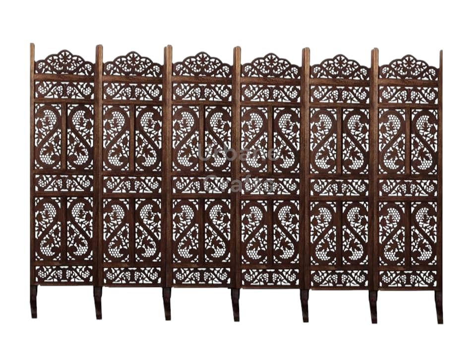 Urbane Crafts Wooden Room Partition/Screen/Room Divider/Room Separator Traditional Handicrafts 6Ft (Dark Brown) (6 Panel with Stands)