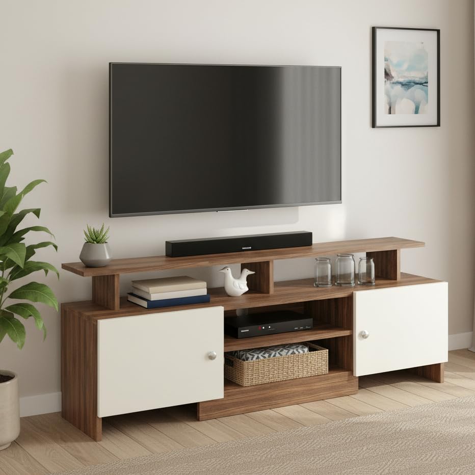 FURNEASER Kashvi Engineering Wood Floor Standing TV Entertainment Unit Set Top Box Stand/TV Cabinet with Shelves for Books & Decor Display Unit, Upto 55 Inches (Exotic Teak & White) discount deal