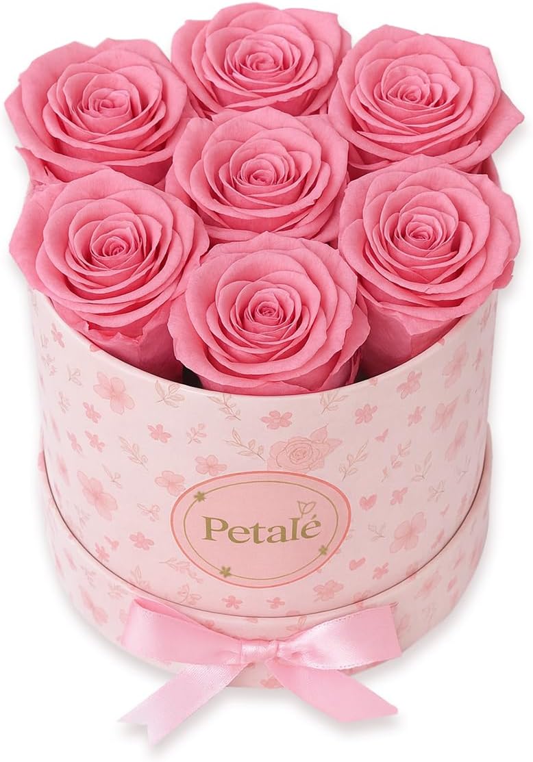 Petale Preserved Rose Flower Box – Handmade Eternal Rose Gift for Her, Romantic Forever Flower for Birthday, Anniversary, Valentine’s Day, Home Décor (Long-Lasting Real Rose) (Pink)