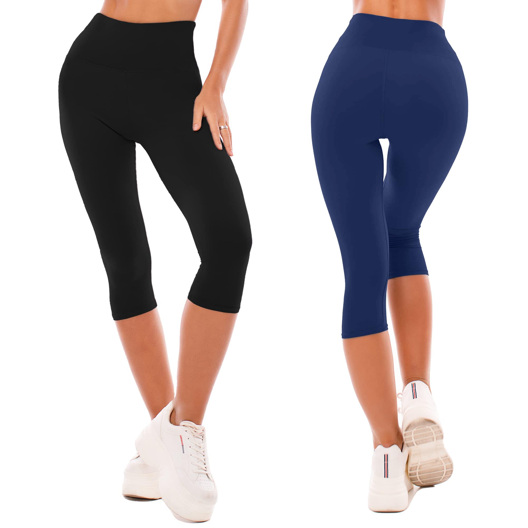 SINOPHANT 3/4 Legginsy Damskie Wysoka Talia Nieprzezroczyste Elastyczne Duże Rozmiary Legginsy 2 Pack Czarny/Niebieski L-XL