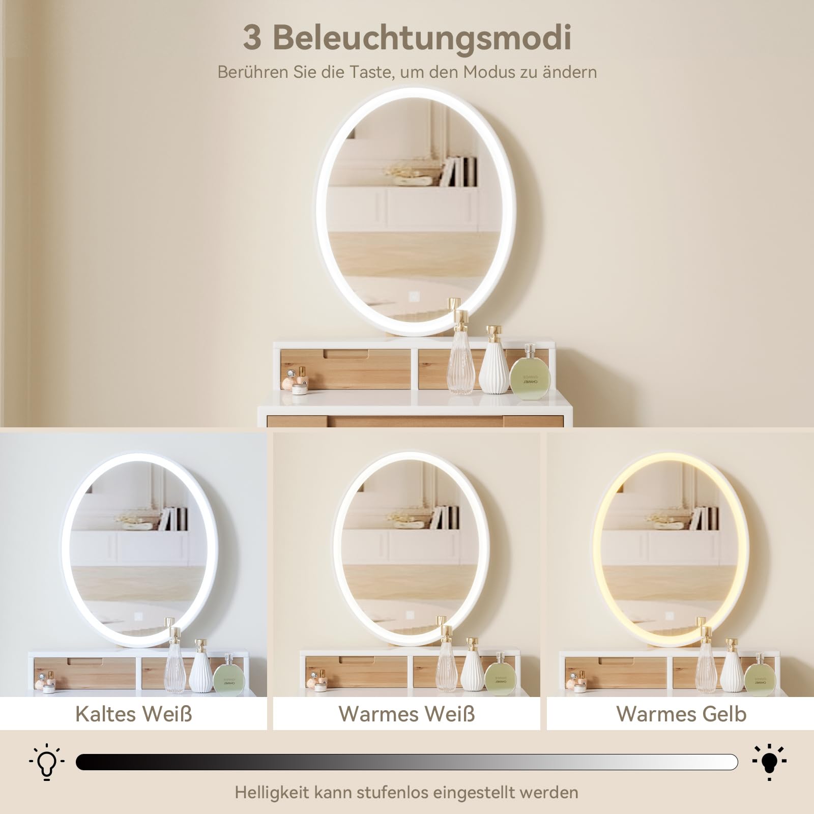 YU YUSING Schminktisch mit LED Beleuchtung und Spiegel, Frisiertisch Kosmetiktisch mit 3 Schubladen Hocker, Einstellbare Helligkeit, 60 cm Make Up Vanity für kleinen Raum, Schlafzimmer, Holzfarbe