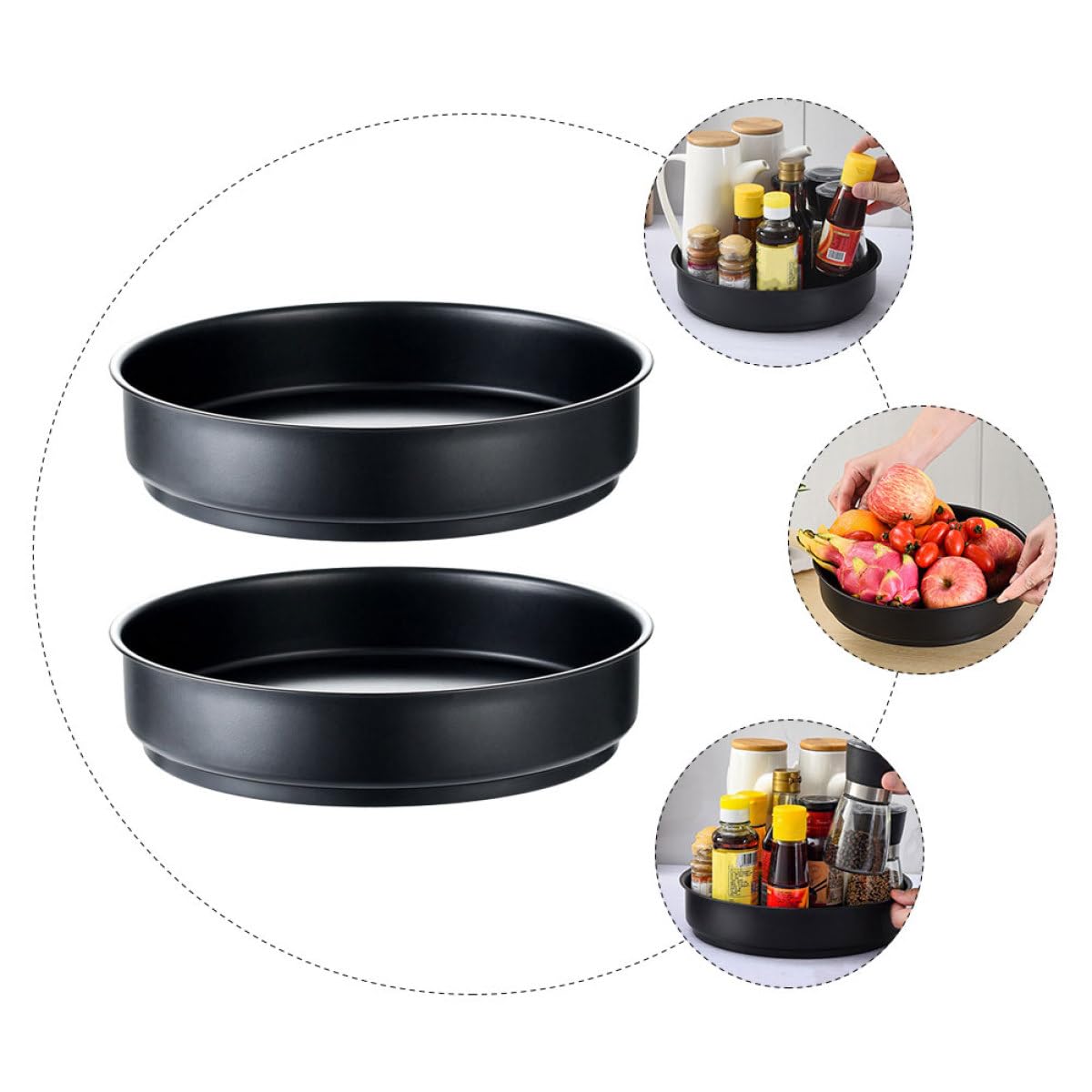 BESPORTBLE 2 Vassoi Porta Spezie Rotanti in Acciaio Inox Nero, Organizer Girevole da Tavolo per Condimenti e Accessori Cucina, Vassoio Portaoggetti Multifunzionale Salvaspazio per Uso