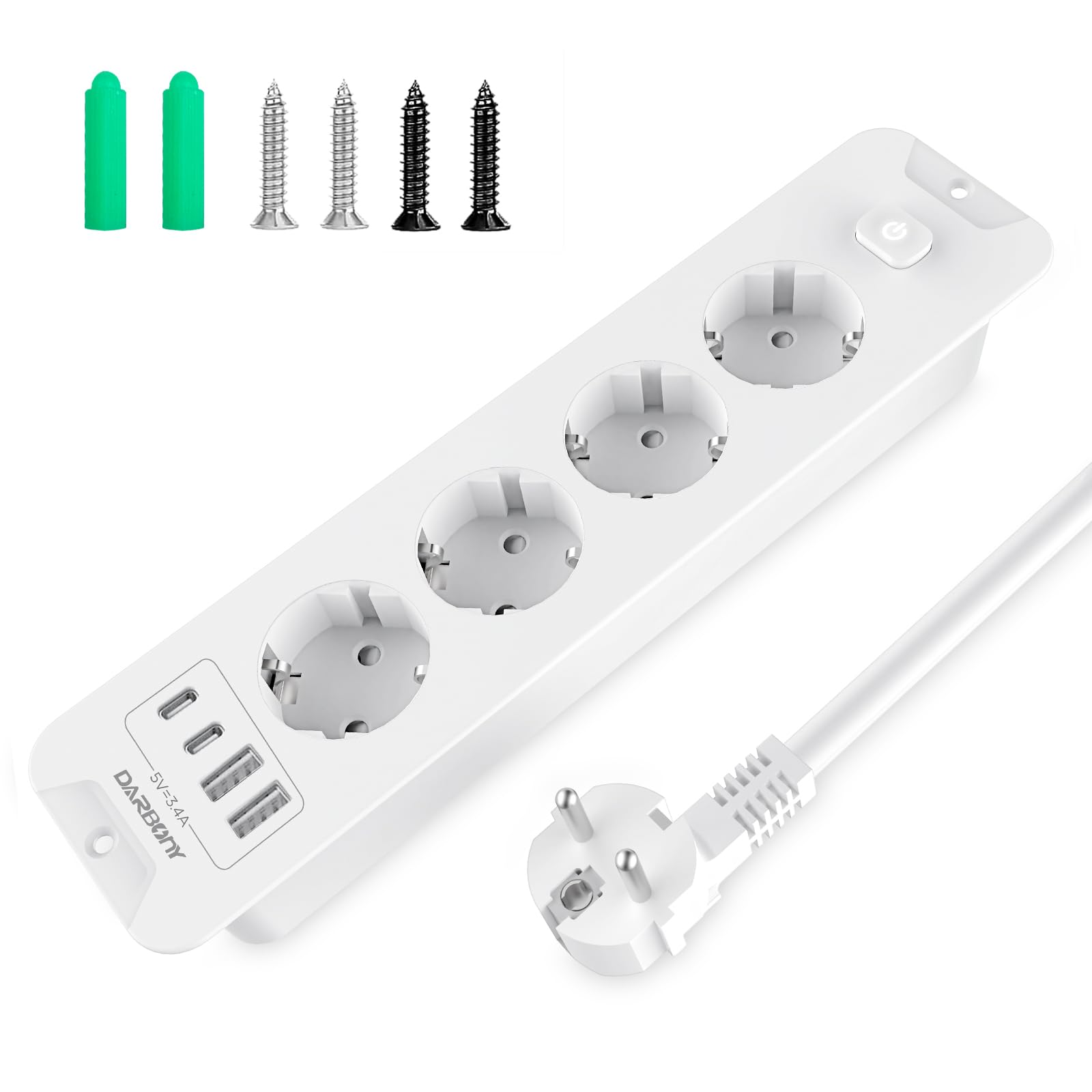 Versenkbare Steckdose mit 2 USB C,4 Fach Steckdosenleiste Einbausteckdose 4000W 16A Einbau Tischsteckdose für Arbeitsplatte Tischplatte, Mehrfachsteckdose Mit 4 USB Steckerleiste 2M Kabel Weiß