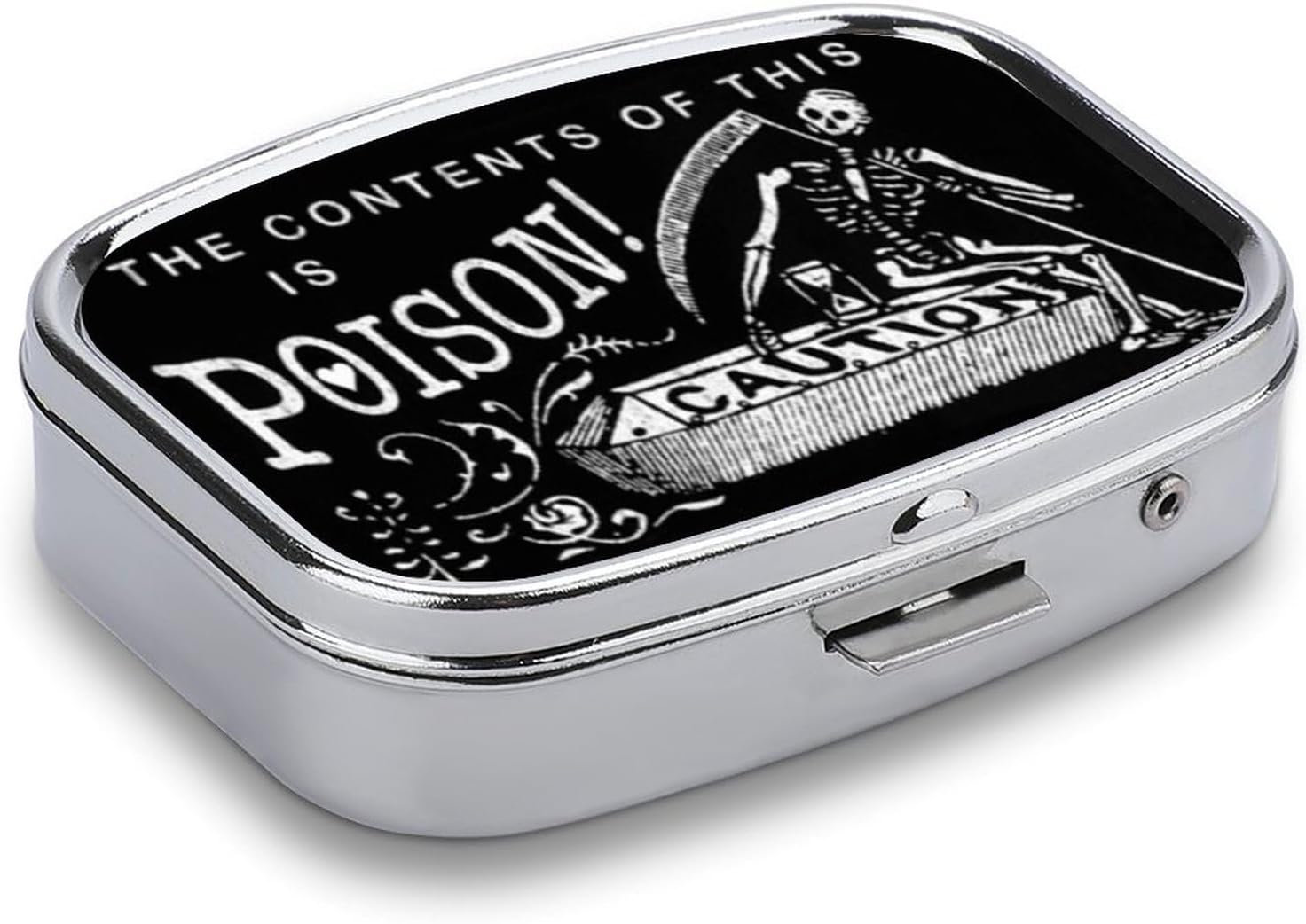 Metal 2 Compartment Pill Organizer Travel Friendly Portable Compact Pill Box Cute Pill Case to Hold Vitamins,Fish Oil,Supplements,Meds,Tablet for Purse,Pocket. (Black Scythe)