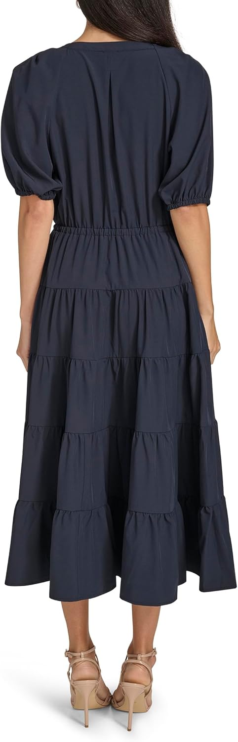 Calvin Klein Womens Short Balloon Sleeve Split Neck Tiered A-line Midi Dress - Image 4