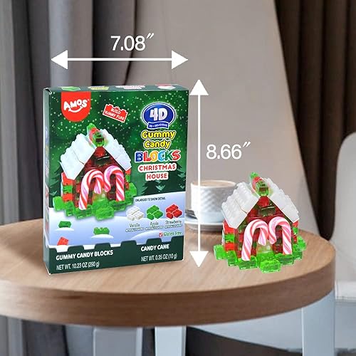 Miniatura 3 de Amos Bloques de gomitas de caramelo de Navidad 4D, bloques comestibles para casa de Navidad con bastones de caramelo, aperitivos de frutas, sin