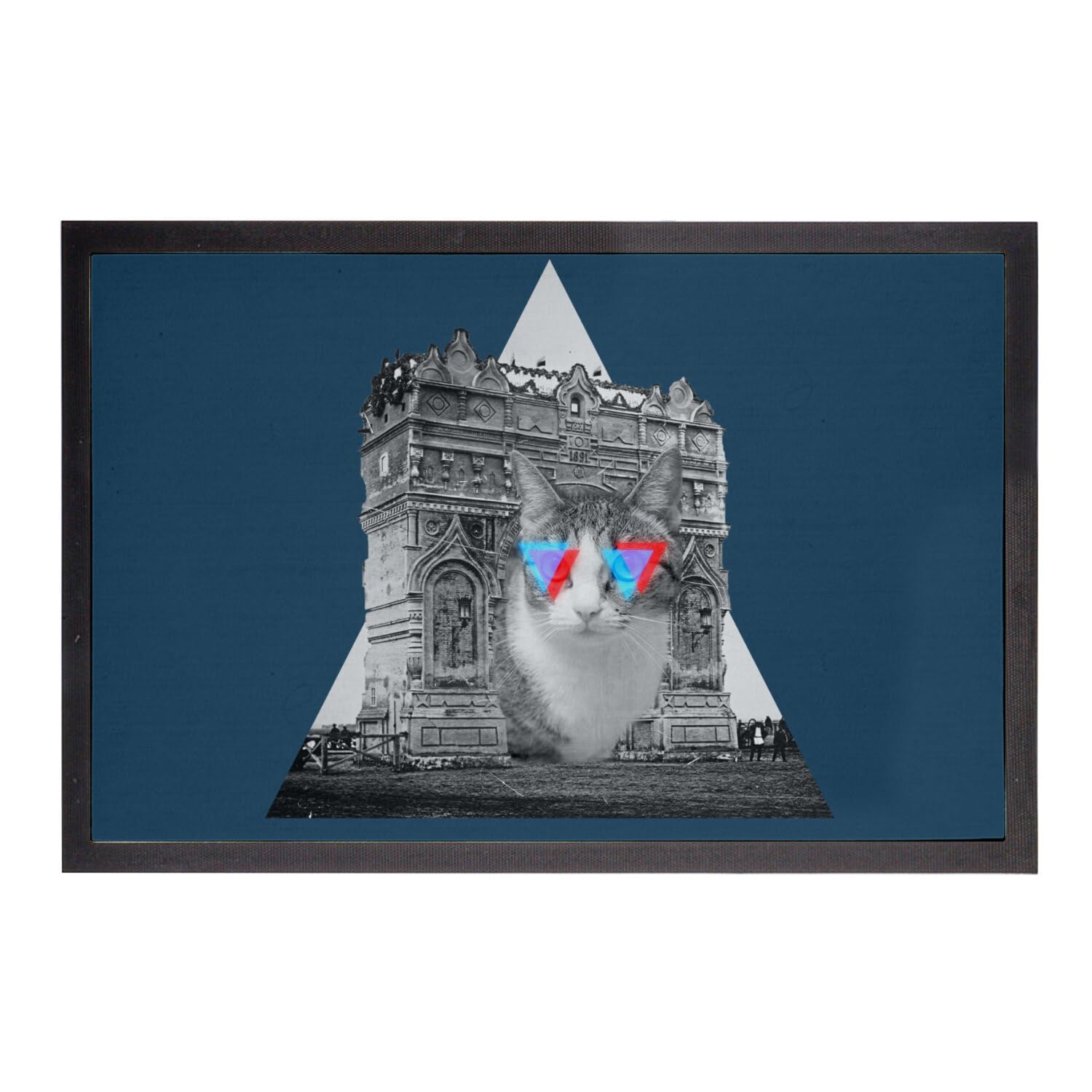 Paillasson bleu 75x50cm chat de triomphe en illustration vintage