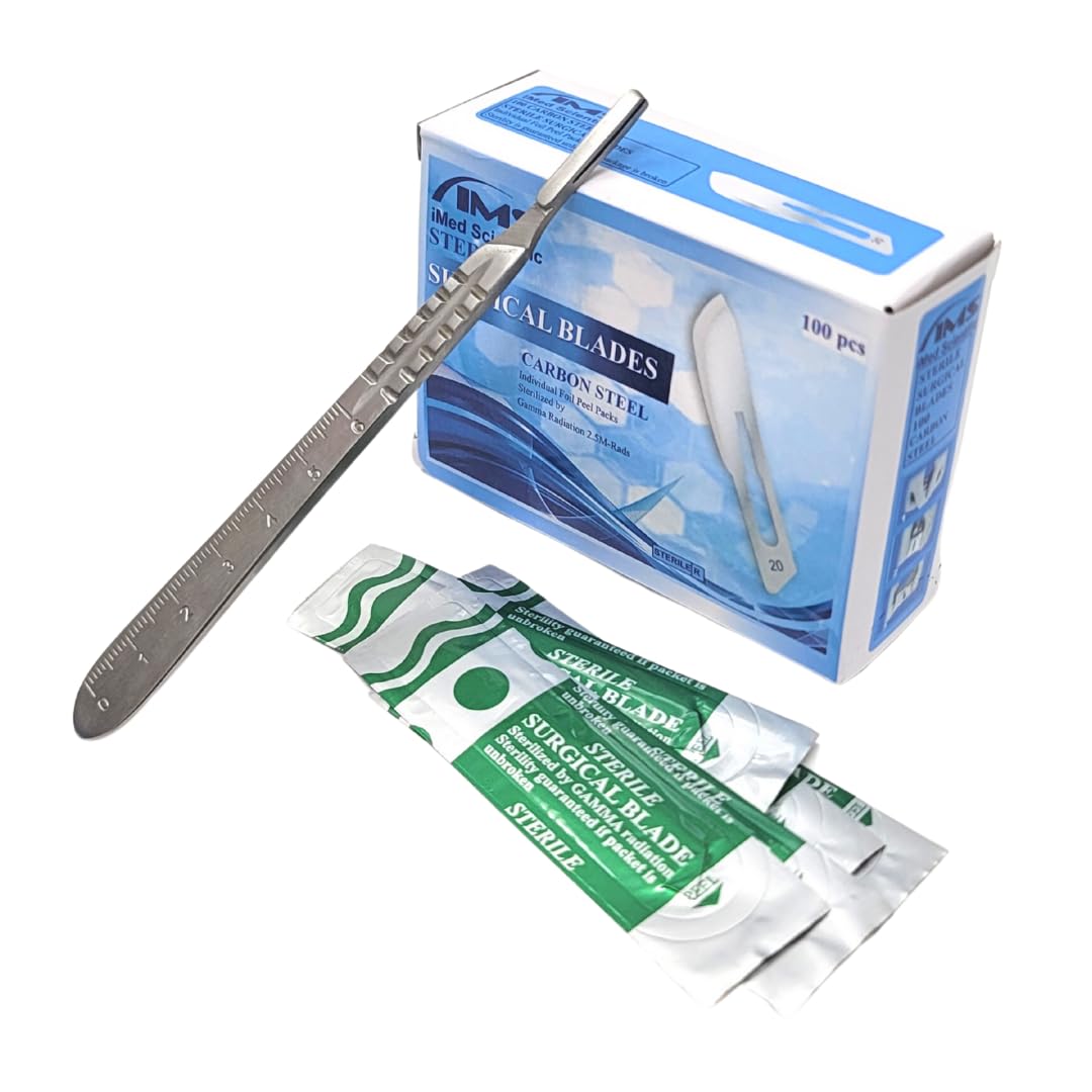 IMEDS Scalpel Blades #20 Sharp Carbon-Steel Sterile Pack of 100 with Free Stainless Steel Scalpel Handle #4 Graduated Kit to Make Finest Precision Cuts, Durable Quality for Experts & Professionals