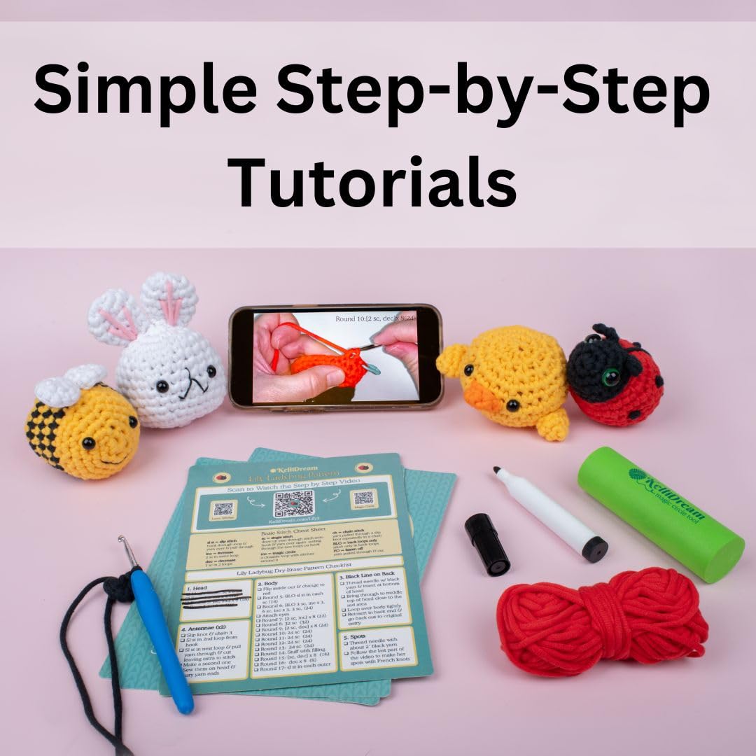 KelliDream Kit de ganchillo para principiantes con herramienta de círculo mágico; aprende a tejer con tutoriales en video paso a paso; suministros de ganchillo para hacer lindos animales de ganchillo
