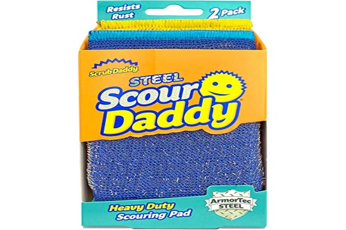 Scrub Daddy Steel Scour Pads - Scour Daddy Steel - Stainless Steel Scouring Pads for Dishes, Pots, Pans and Grill, Scrubbers for Kitchen and Bathroom, Soft in Warm Water, Firm in Cold - 2ct