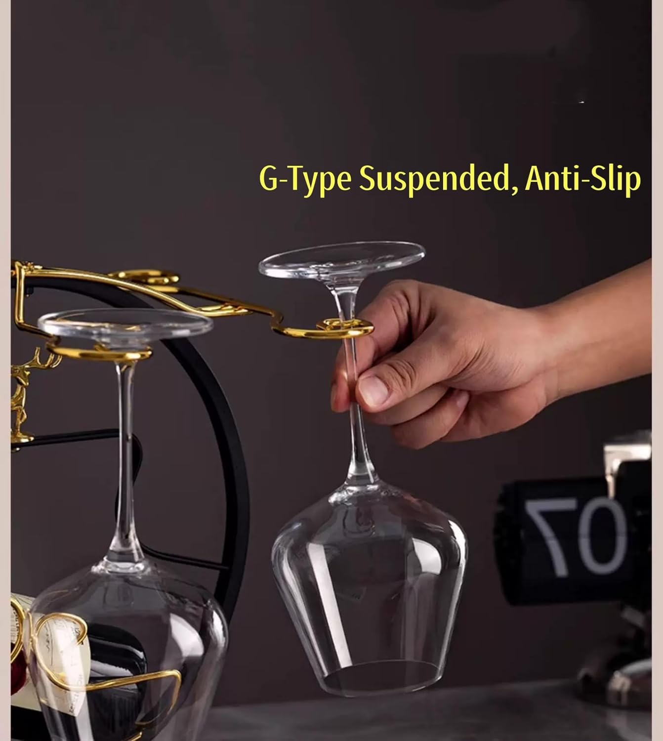 Homya Wine Rack - Under Cabinet Goblet Wine Bottle Holder Glass Storage Rack Metal Storage Rack for Easy Access and Storage of Wine Glasses Fortune Deer Edition 6 Glasses + 1 Bottle，High-end Wine Rack