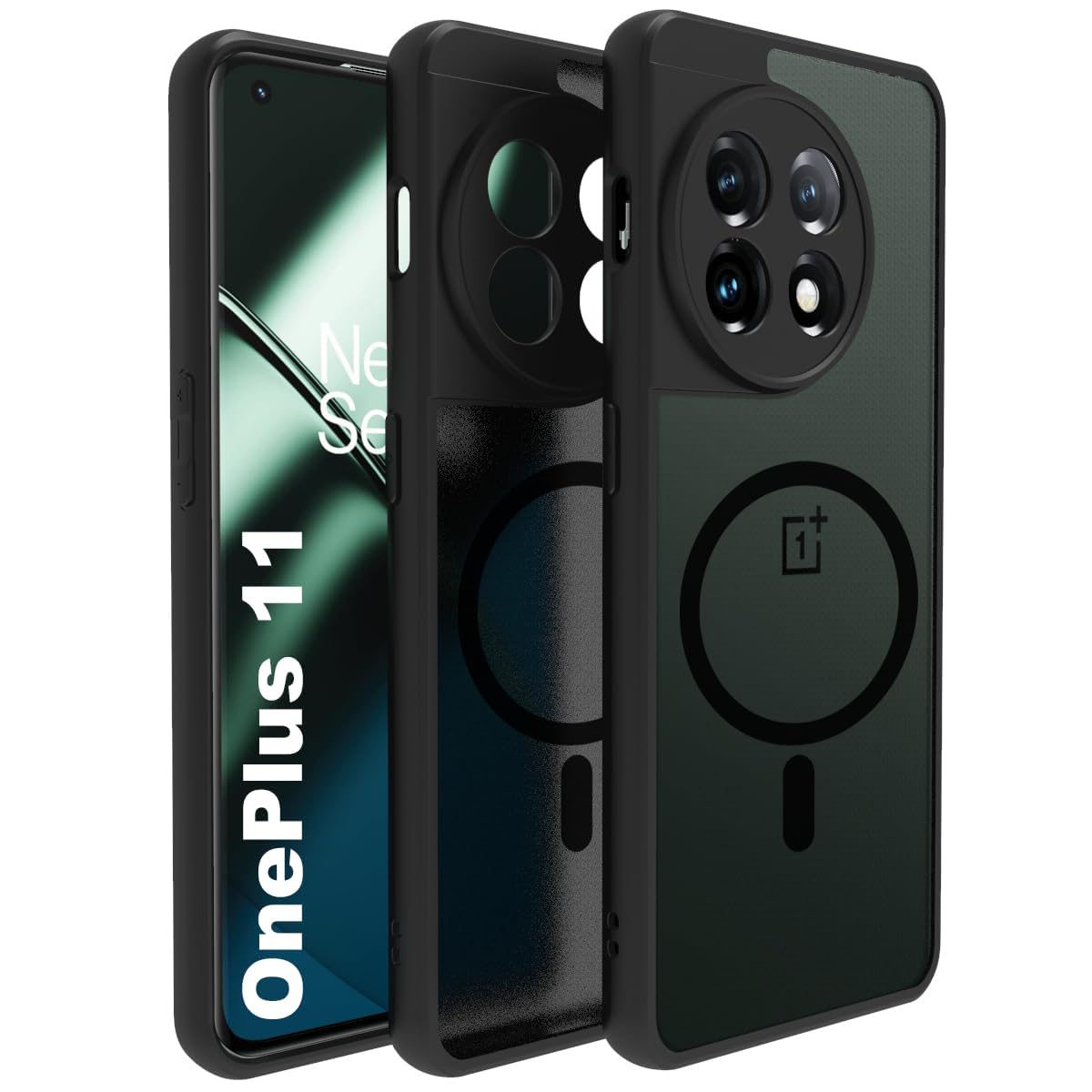 RIGGEAR Shockproof Sleek Hybrid Armor Back Cover Case Compatible with MagSafe Accessories for OnePlus 11 (Smoke Black Matte PC + Black TPU Bumper)