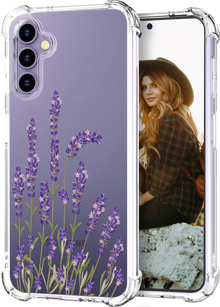 Hungo Compatible for Samsung Galaxy S25 / S24 Case Clear Design Cute,Girly for Women Girls Floral Lavender Skin Lavender Pink