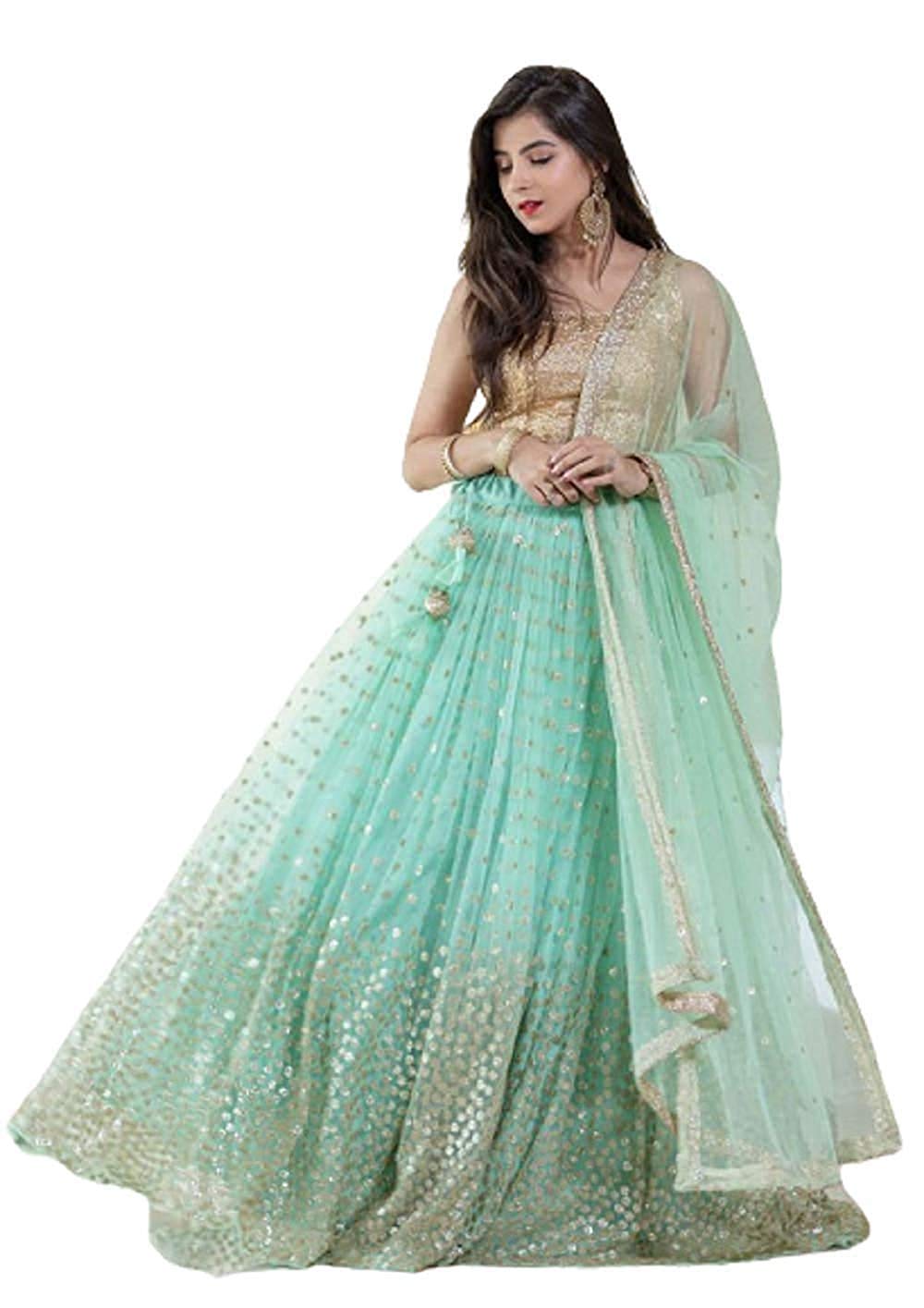 BRIDAL4FashionWomen's Net Semi stitched Lehenga Choli (Horor gold green_Green_Free Size)
