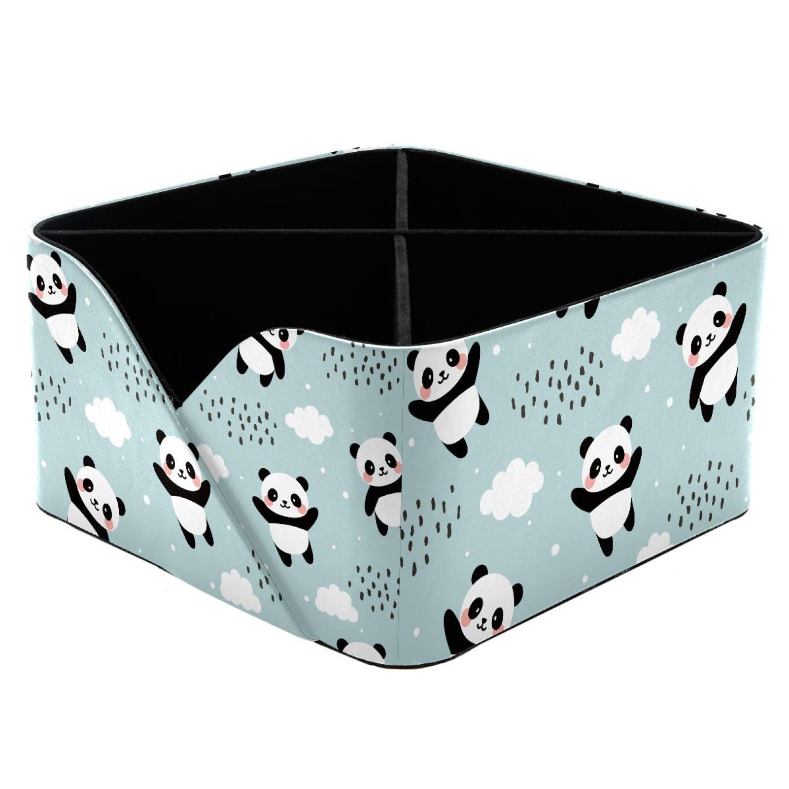 KengjuTesu Happy Panda Flying Sky Clouds Star Rain Blue Pattern Desktop Organizer Pen Holder, Rectangular Pencil Cup for Office, Study and Makeup Stations