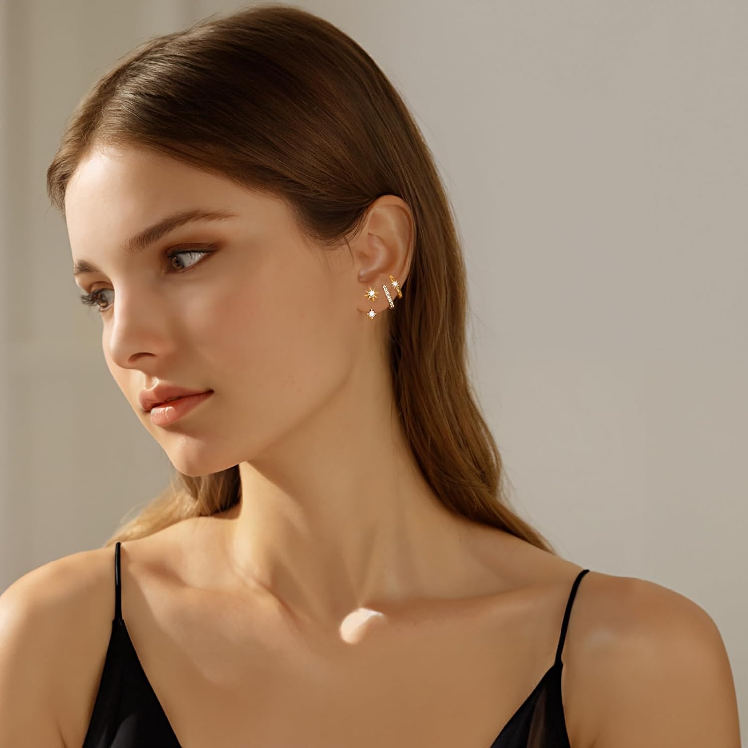 Angelady 3 Pairs Gold Hoop Earrings Set for Women, 14K Small Huggie Earring for Multiple Piercing Hypoallergenic Earring Stacks Trendy Jewelry, Dainty Sun Kite Stud Earrings for Women's Gifts - Image 2