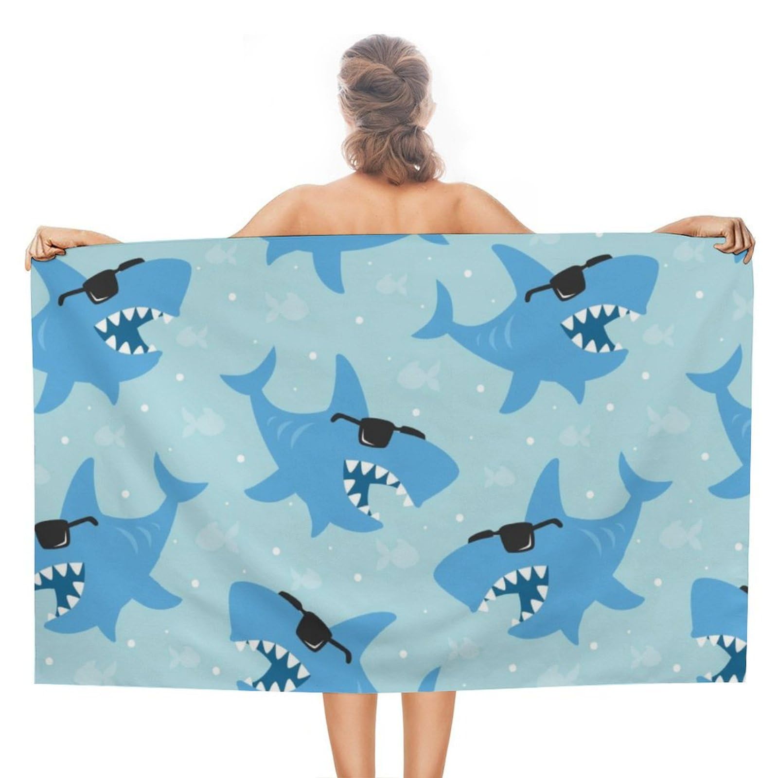 LWORZIIB Beach Towel, Cool Animated Shark Bath Towel, Absorbent Towel for Swimming, Sports, Travel