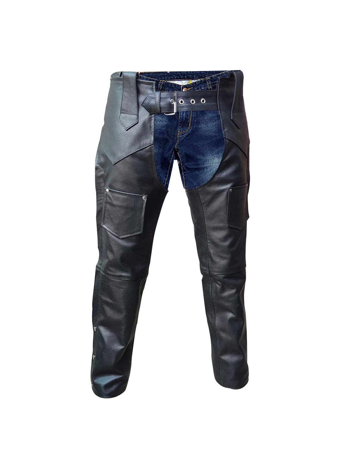 Mens Real Black Leather Chaps Motorcycle Bikers Chaps Trouser Pants Jeans