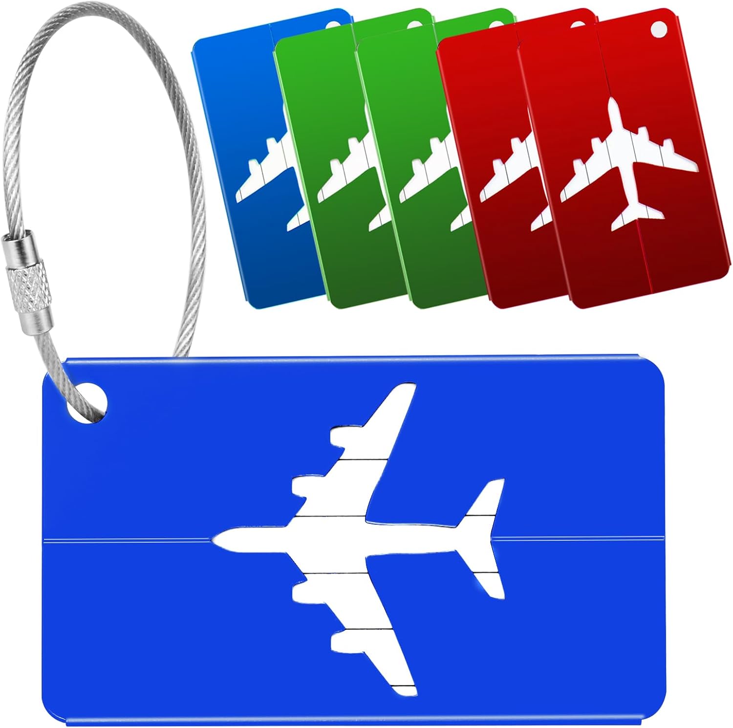 Yizhet 6Pcs Aluminum Alloy Luggage Tag with Stainless Steel Ropes and Waterproof PVC Card for Suitcase Airplane Travel (Blue, Red, Green)