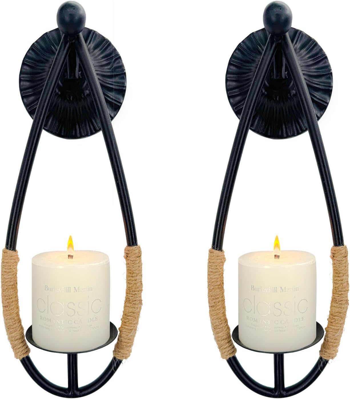Aimto Wall Sconce Candle Holder Black Wall-Mount Metal Candle Holders Hanging Iron Wall Candle Sconce Holder and use Hemp Rope Decoration,for Home,Living Room, Bathroom, Dining Room, Set of 2