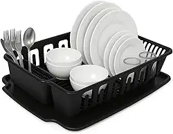 Escorredor de Louça 14 Pratos Com Porta Copos Talheres e Bandeja (Preto)