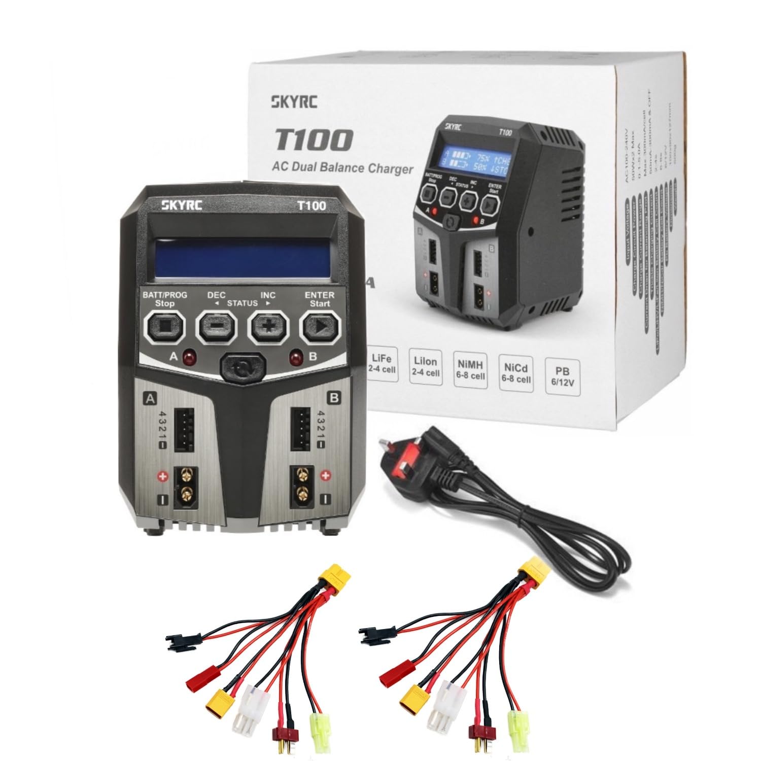 SKYRC Battery Charger, T100 Dual Balance 5A 2x50W for LiPo Li-Ion LiHV LiFe NiMH with 12V Output