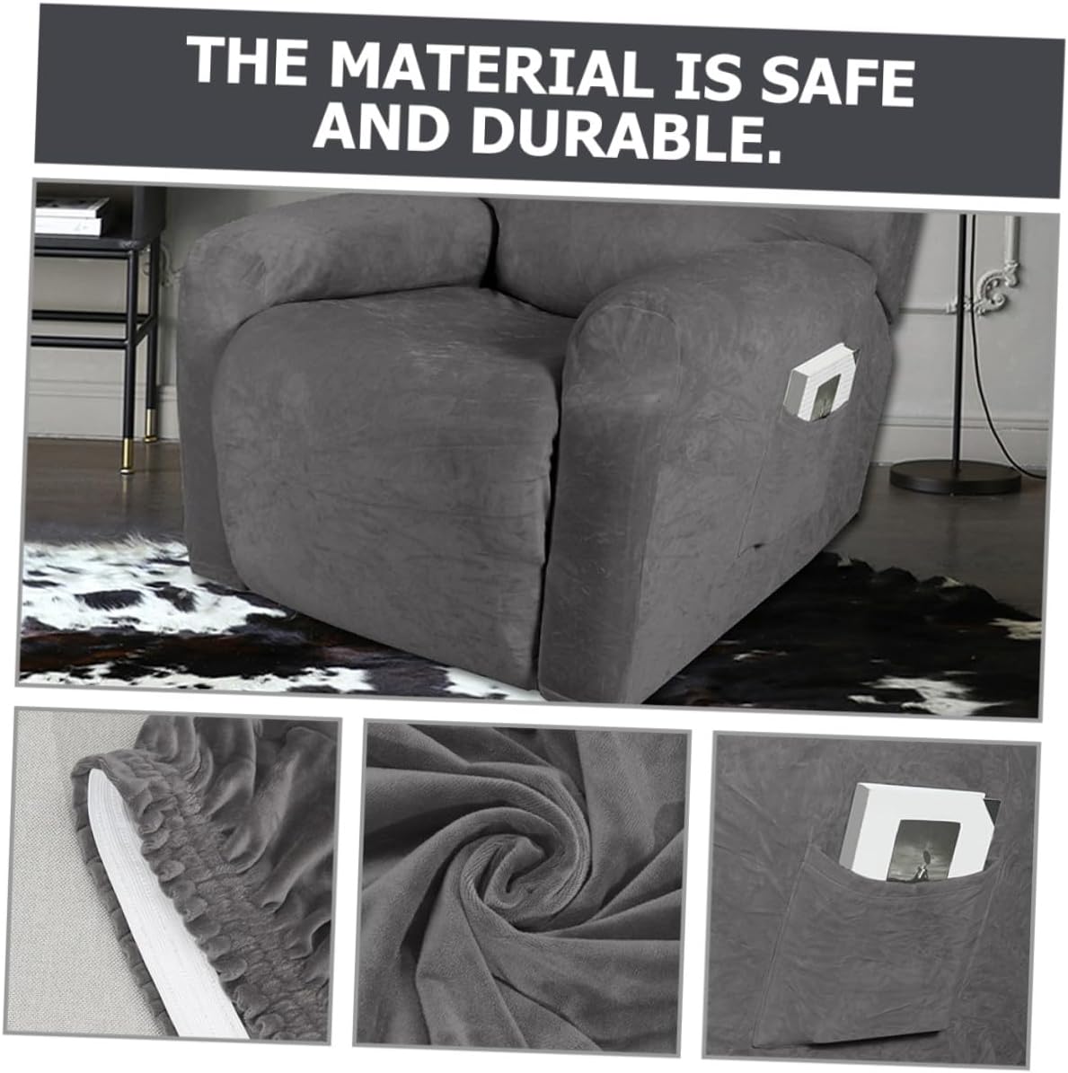 Homoyoyo Elastic Velvet Recliner Sofa Cover, Full Covered Furniture Protector, Stretch Slipcover with 4pcs Set for Single Seat Recliner Chair, Grey Living Room Couch Cover