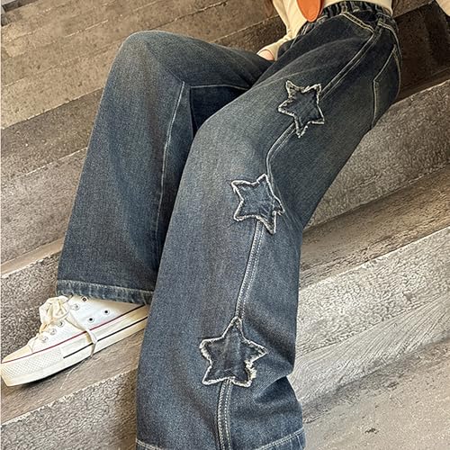 Jeans for Girls Baggy Star Wide Leg Denim Pants Elastic High Waist Trousers Kids Casual Cute Streetwear with Pockets4