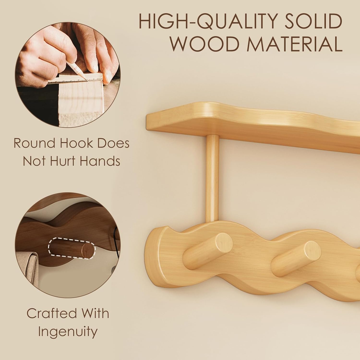 Wall-Mounted Coat Rack with Shelf, Wooden Coat Hanger with 6 Sturdy Hooks, Drill-Mounted Design for Hanging Clothes, Hats, Towels, Bags, and Robes (Natural Color)