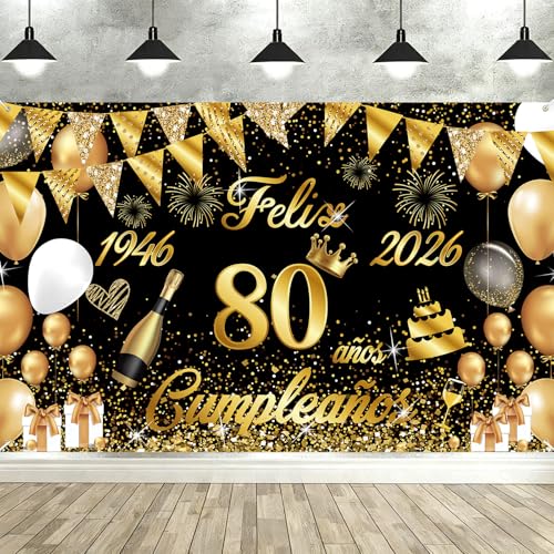 Bancarta feliz aniversário 80 anos 1946-2026, Seutgjie Happy Birthday decoração para mulher e homem para festa de aniversário 80 ouro preto 180 x 110 cm