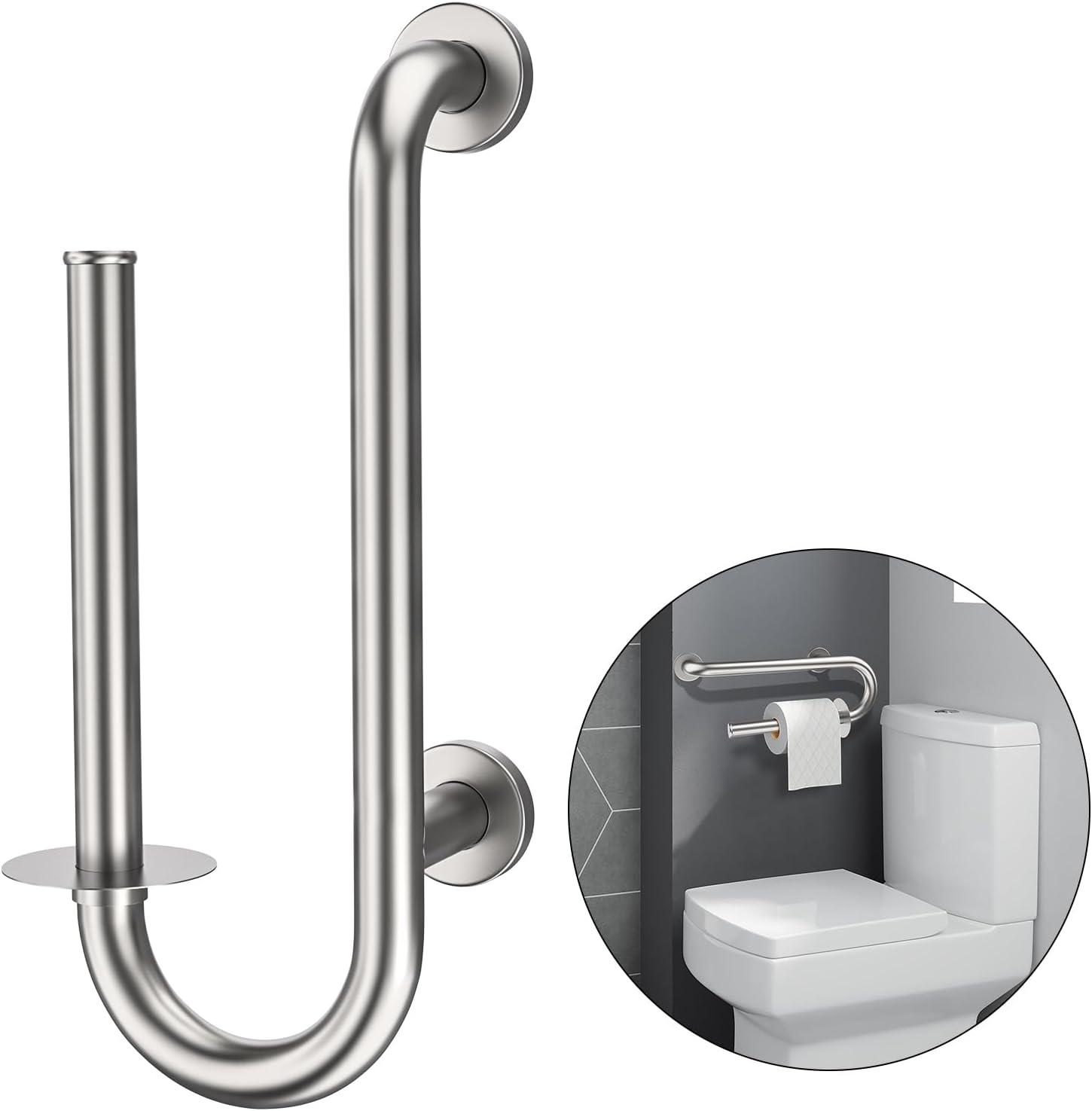 Grab Bar Toilet Paper Holder 16 Inch, Zepolu Stainless Steel Toilet Safety Bar, Brushed Nickel Handicap Toilet Paper Holder w/Support Bar Bathroom Balanced Assist Handle for Senior tp holder - brushed nickel
