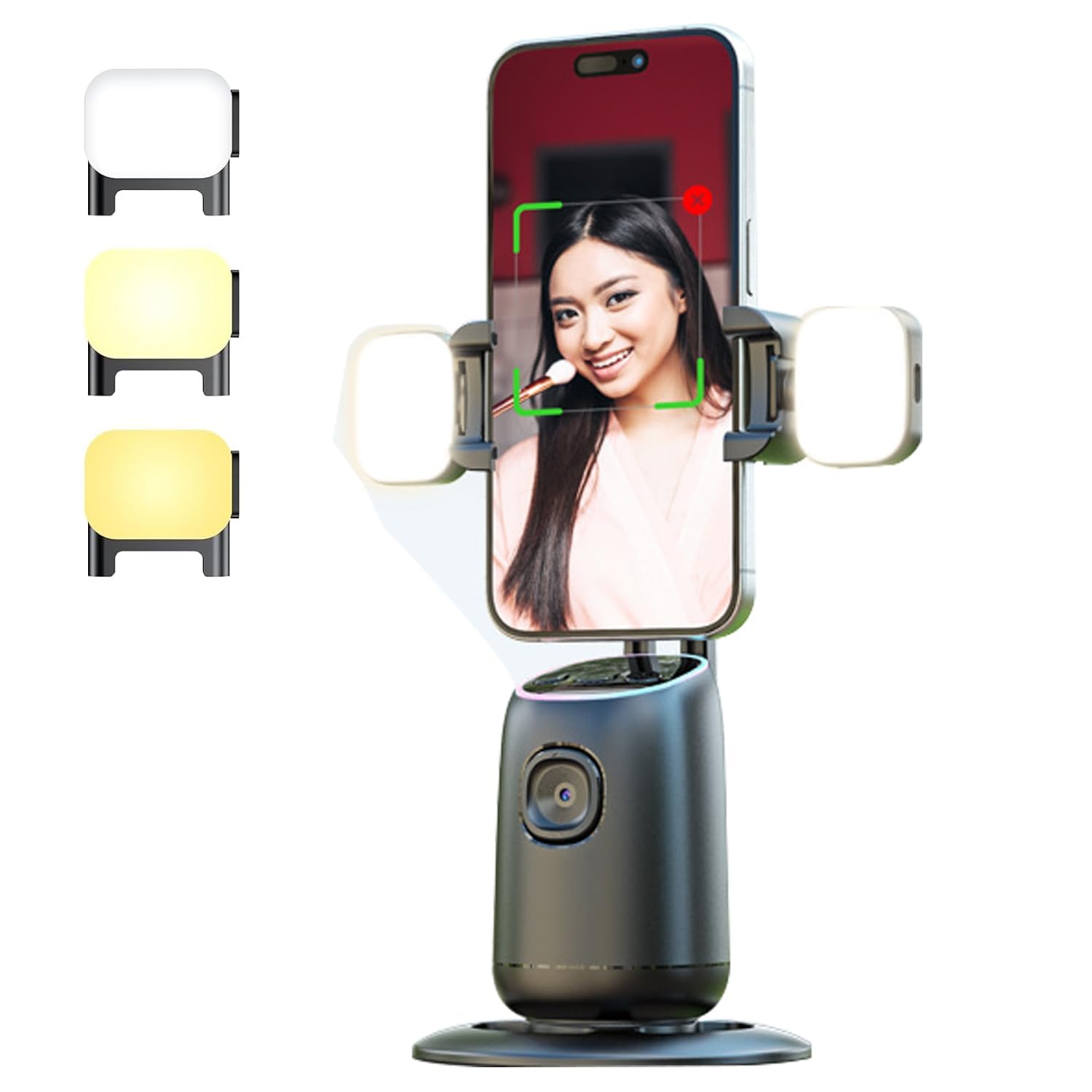 PFUTURE Auto Face Tracking Phone Holder, 360° Smart Gimbal Stabilizer with Adjustable Lens & Colorful Lights, Dual Fill Light for Smartphone Vlog, Live Chat, and Selfies