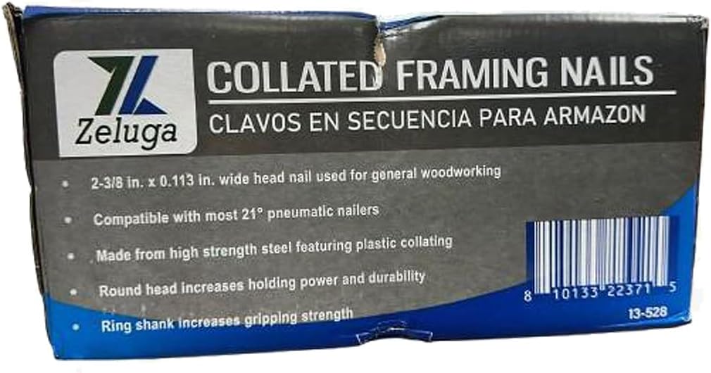 13-528 21 Degree 2-3/8" x.113" Round Head Ring Shank Plastic Strip Bright Collated Framing Nails, 5000/Box