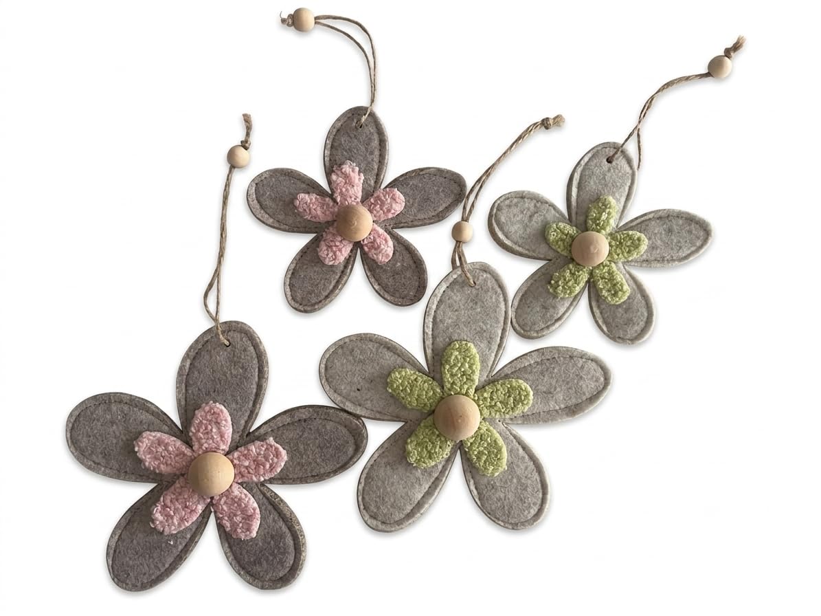khevga Filzblumen 4er Set – Fensterdeko Frühling & Sommer zum Hängen – Blumen Anhänger aus Filz & Holz, Pastell Rosa Grün, Boho Deko für Fenster, Wand & Geschenk