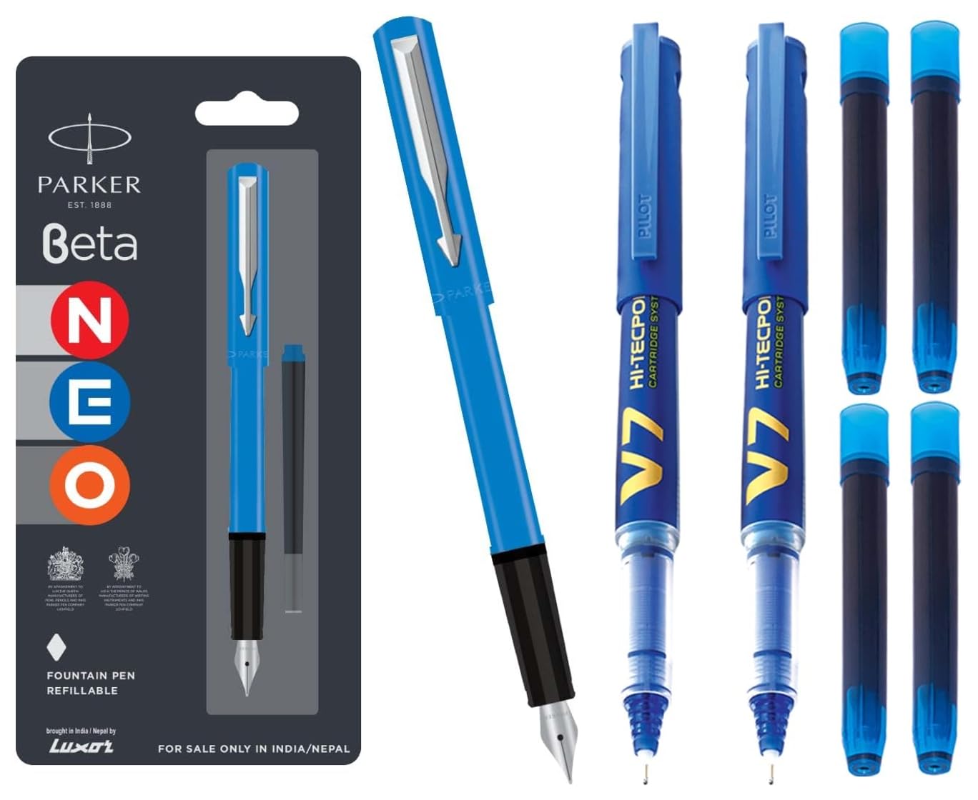 Pilot V7 Roller Ball Pen set with cartridges and Parker Beta Neo