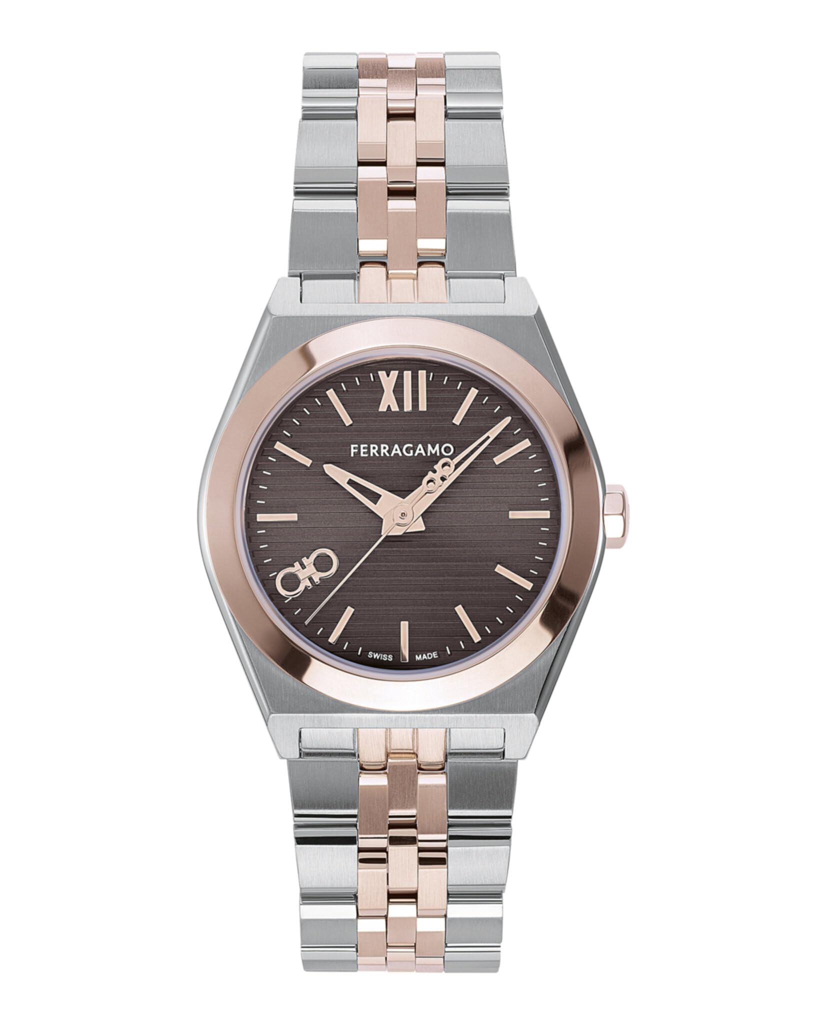 Ferragamo Vega Orologio da donna di lusso con cinturino in acciaio inossidabile bicolore e quadrante guilloche marrone