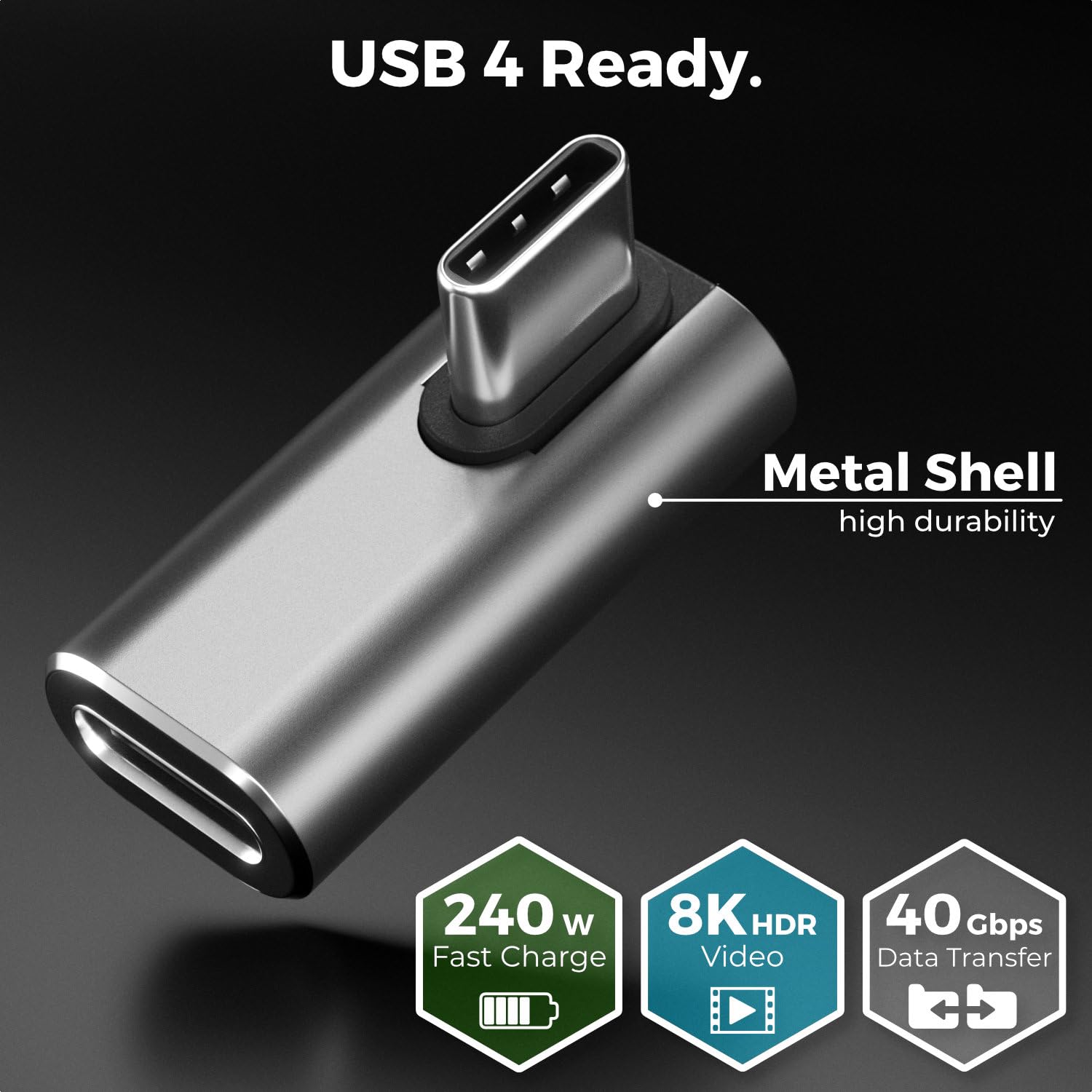 deleyCON Adapter USB-C Kąt 90 Stopni (2 Sztuki) 40Gbps, 240W, 8K60Hz, Aluminiowa Obudowa, Wtyczka Typu C do Gniazda Kompatybilny ze Smartfonem Tabletem Laptopem Notebookiem Switch PC i Wieloma Innymi.
