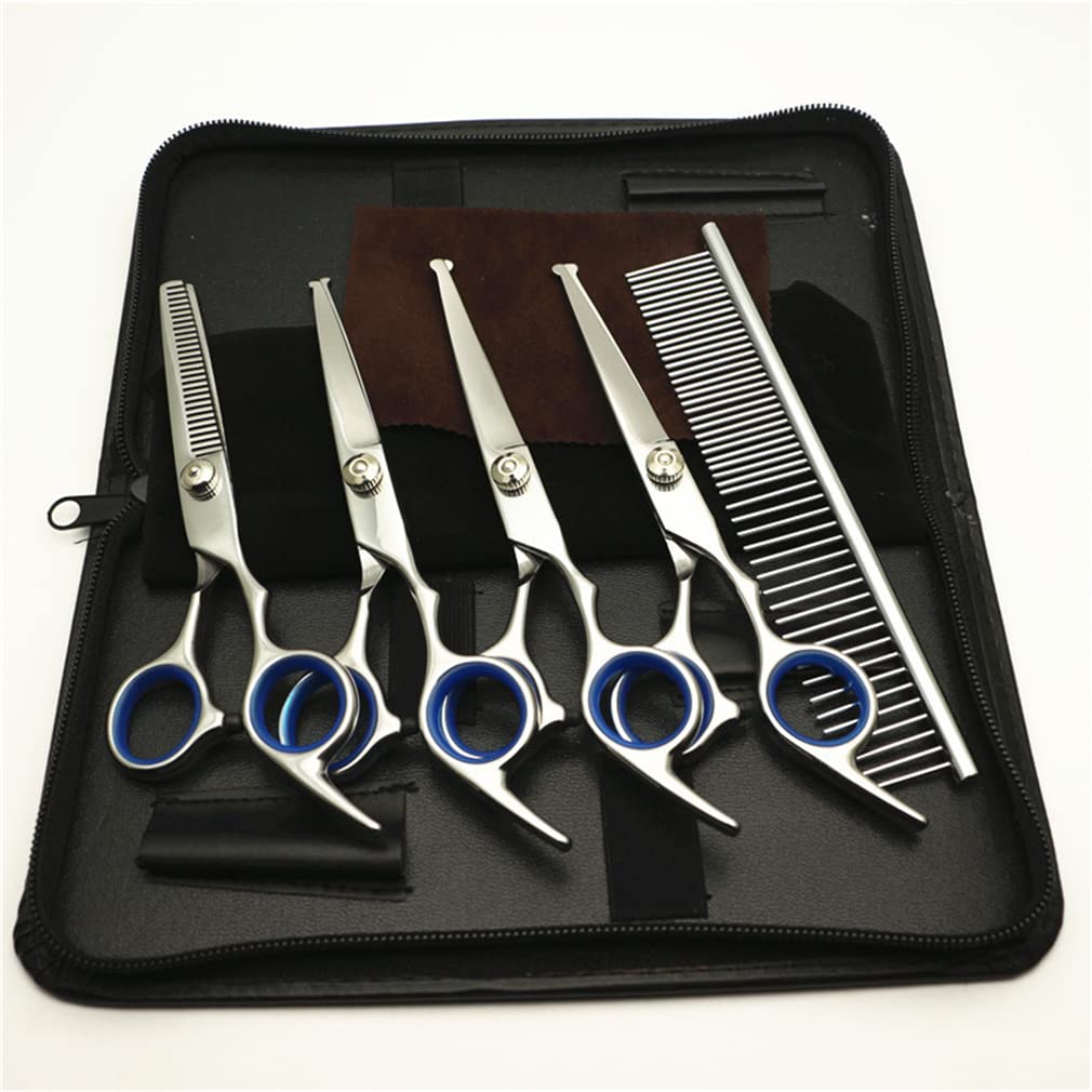 Forbici da 6,0 Pollici per Cani da 6,0 Pollici Set con Punta Rotonda di Sicurezza, Pet Hair Drawnning & Deshedding Shears Dritto con Sacchetto di Cuoio, per Cani Cat Cathes Care,5 Pieces