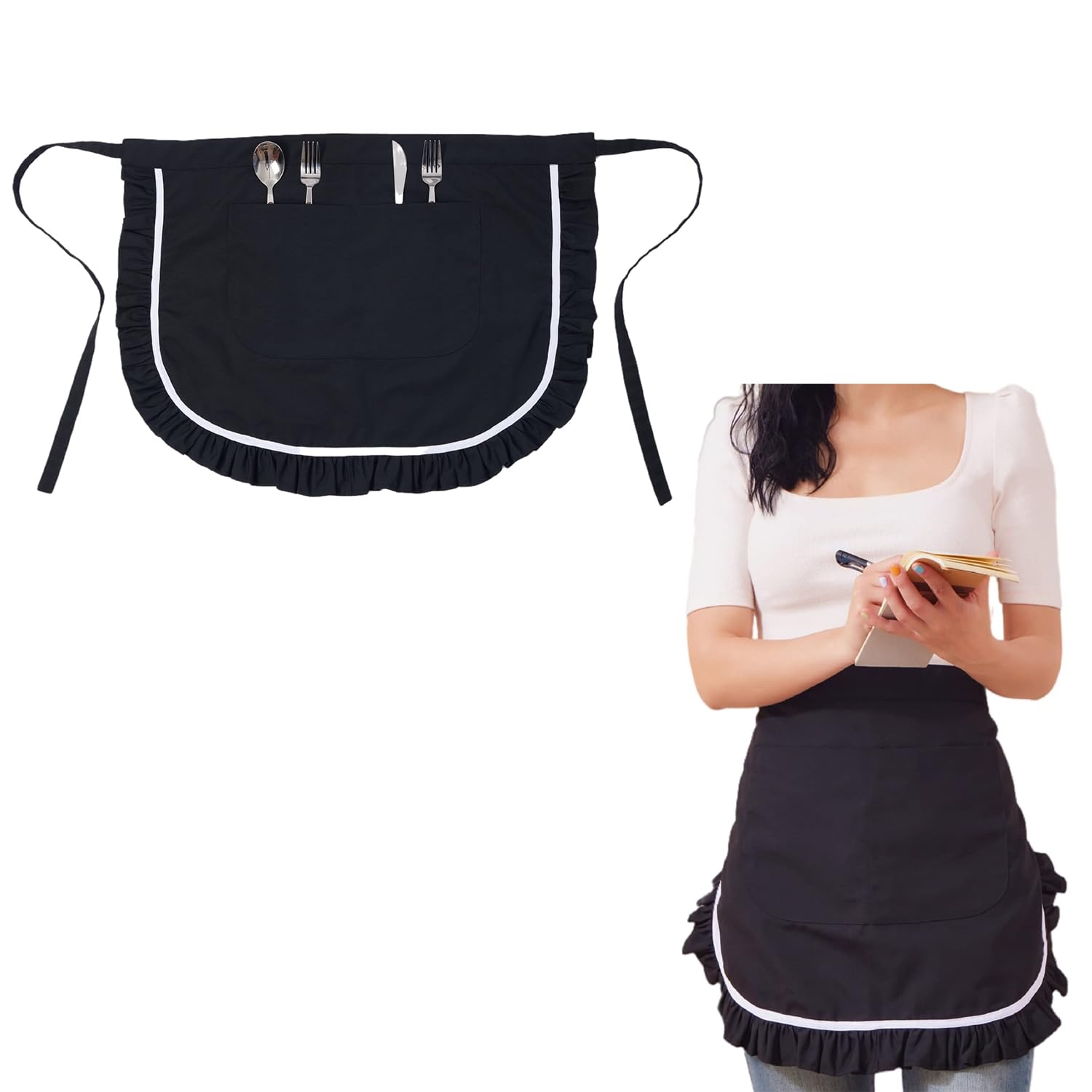 Waist Apron Half Apron, Black Waitress Server Aprons, Waitress Waiter Server Short Aprons with pockets, for Kitchen Cooking Restaurant, for Waitress Cosplay Costume