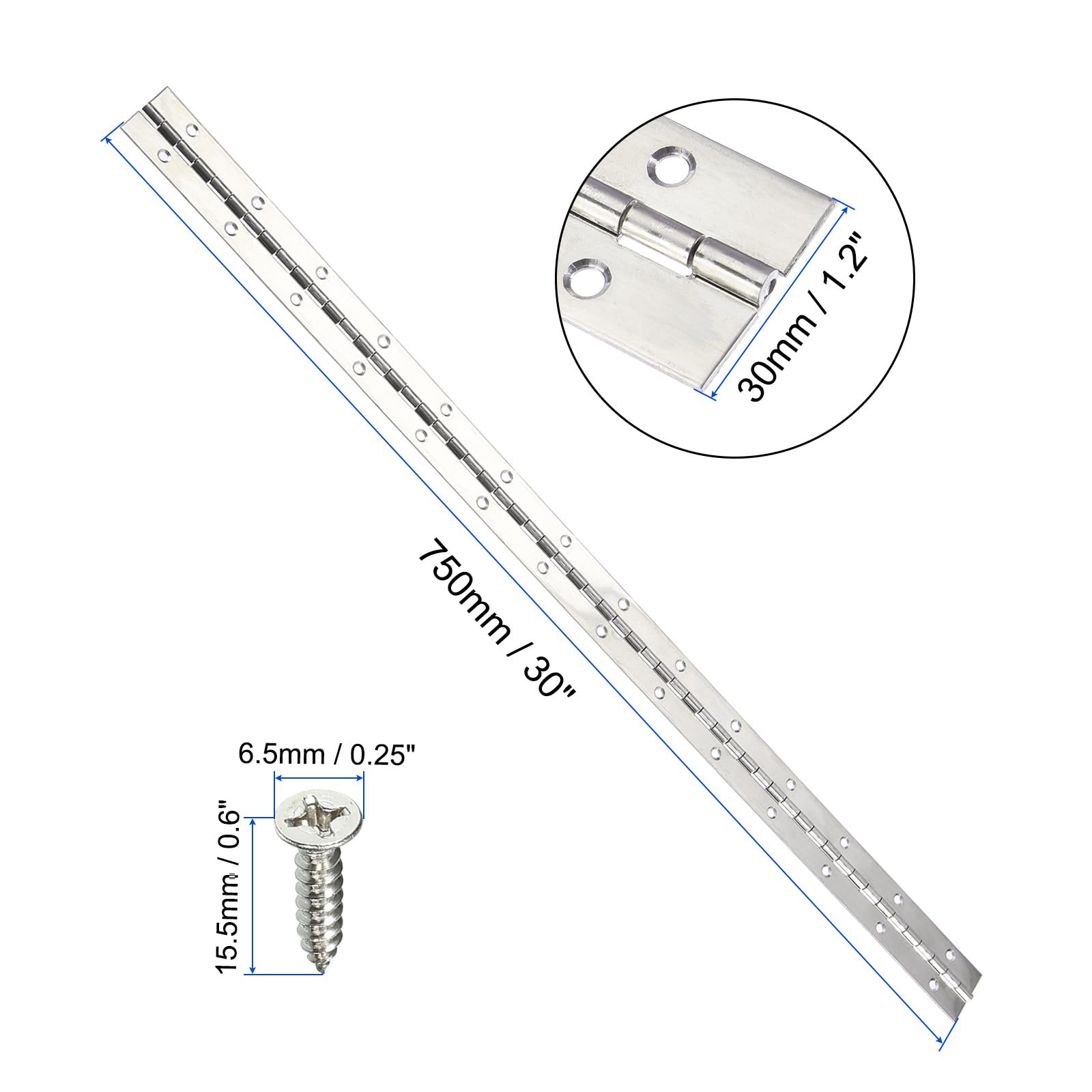 Bisagra de piano de acero inoxidable de 30 x 1.2 pulgadas con agujeros para caja de gabinete de barco, color plateado