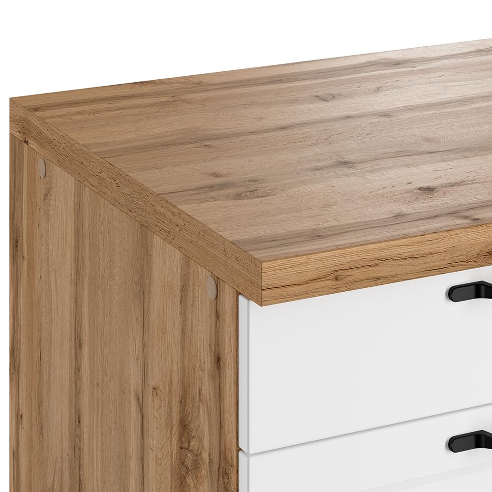 Lomadox Winkelküche Küche Einbauküche Küchenzeile L-Form 300/240 cm mit E-Geräten in weiß und Eiche, Arbeitsplatte in Eiche, inkl. Dunstabzugshaube, Herd, Backofen, Geschirrspüler, Kühlgefrierkombi